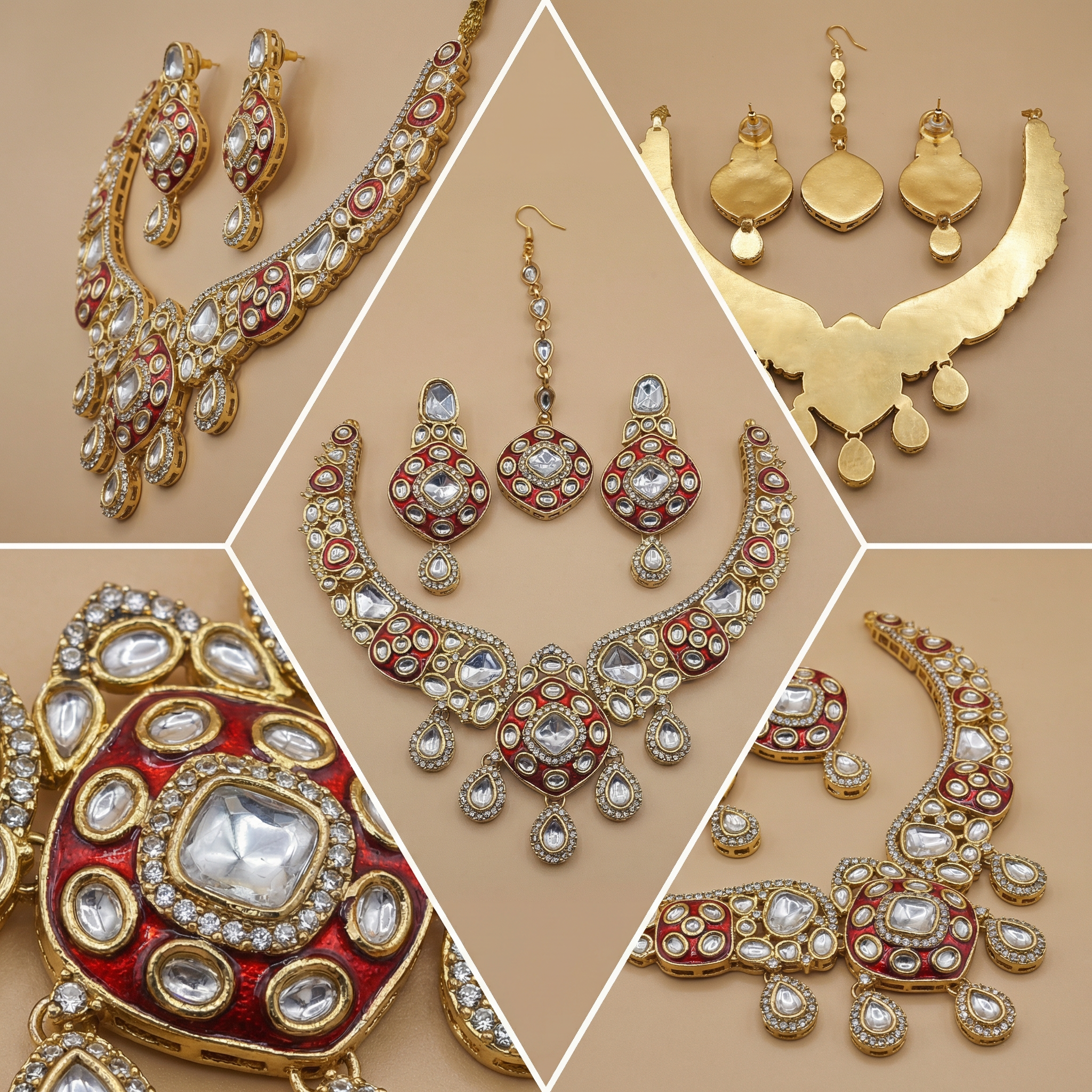 Royal Ruby Red Meenakari Bridal Jewelry Set - Gold Plated Kundan Choker with Maang Tikka & Earrings - nandai.store