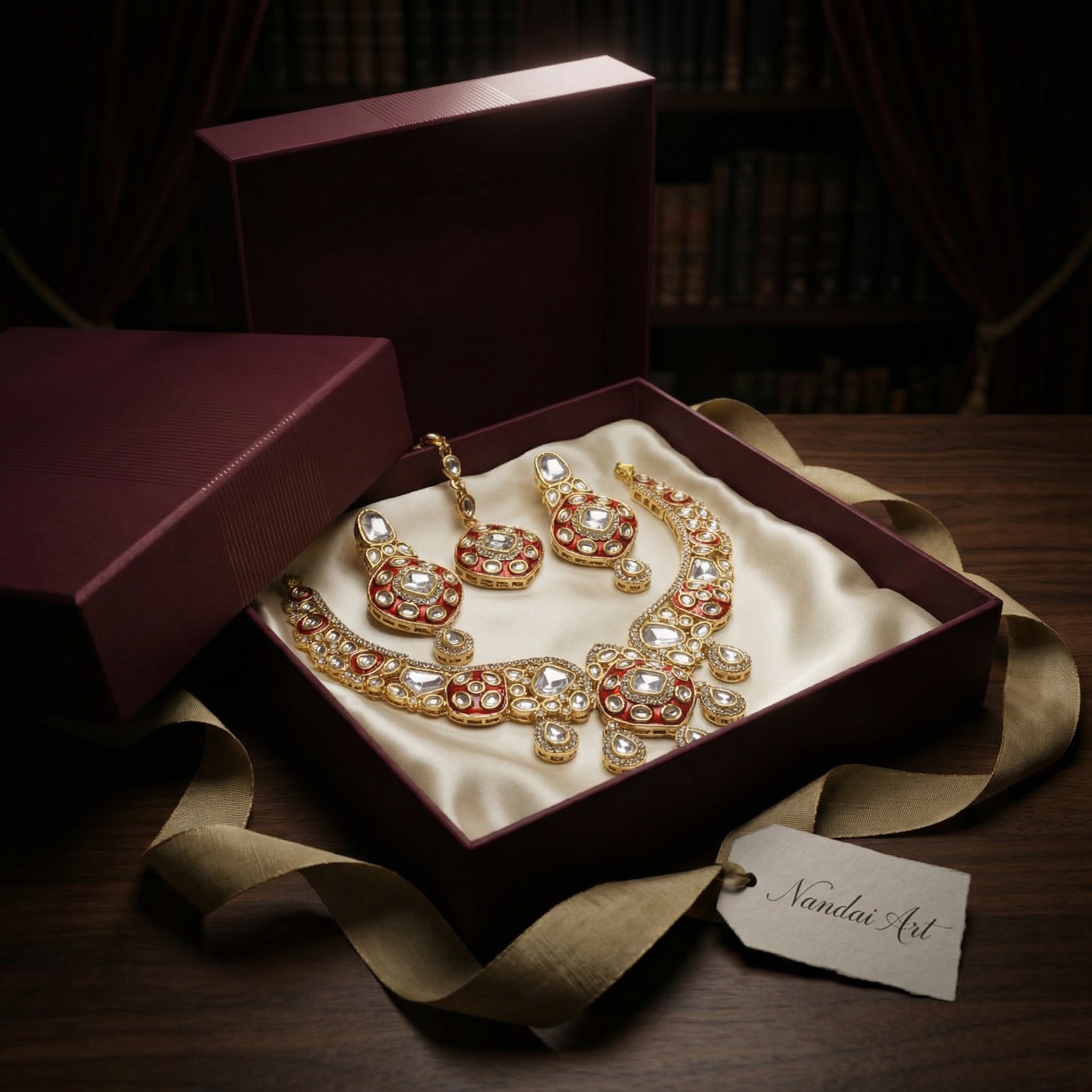 Royal Ruby Red Meenakari Bridal Jewelry Set - Gold Plated Kundan Choker with Maang Tikka & Earrings - nandai.store