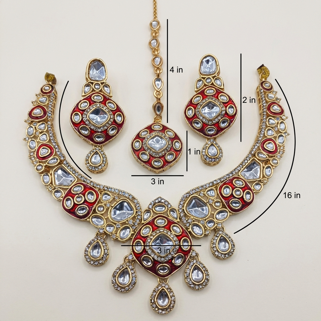 Royal Ruby Red Meenakari Bridal Jewelry Set - Gold Plated Kundan Choker with Maang Tikka & Earrings - nandai.store