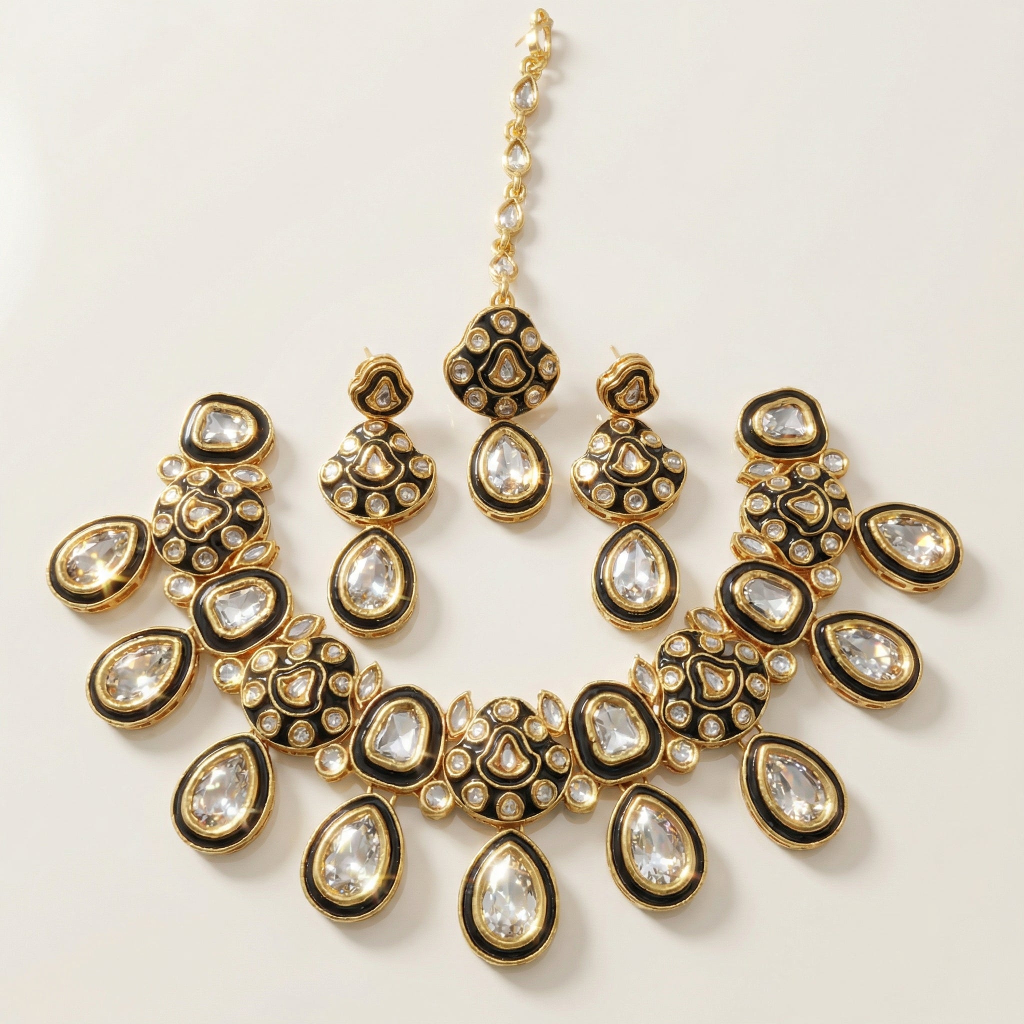 Midnight Black Meenakari Teardrop Kundan Choker Set with Matching Earrings - nandai.store