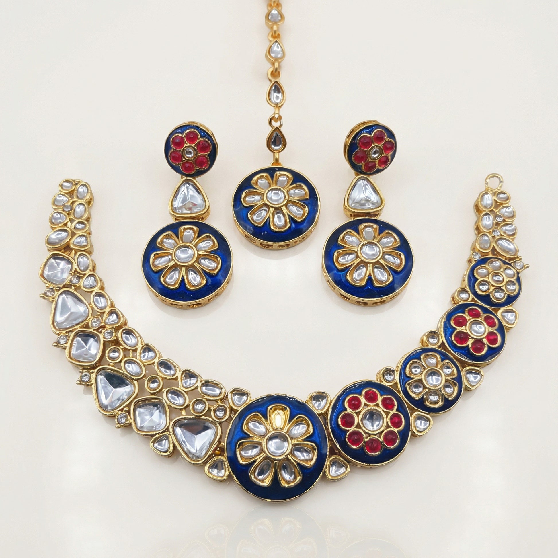 Regal Ruby Red Meenakari Necklace Set - Antique Gold Plated Floral Jewelry for Weddings - nandai.store