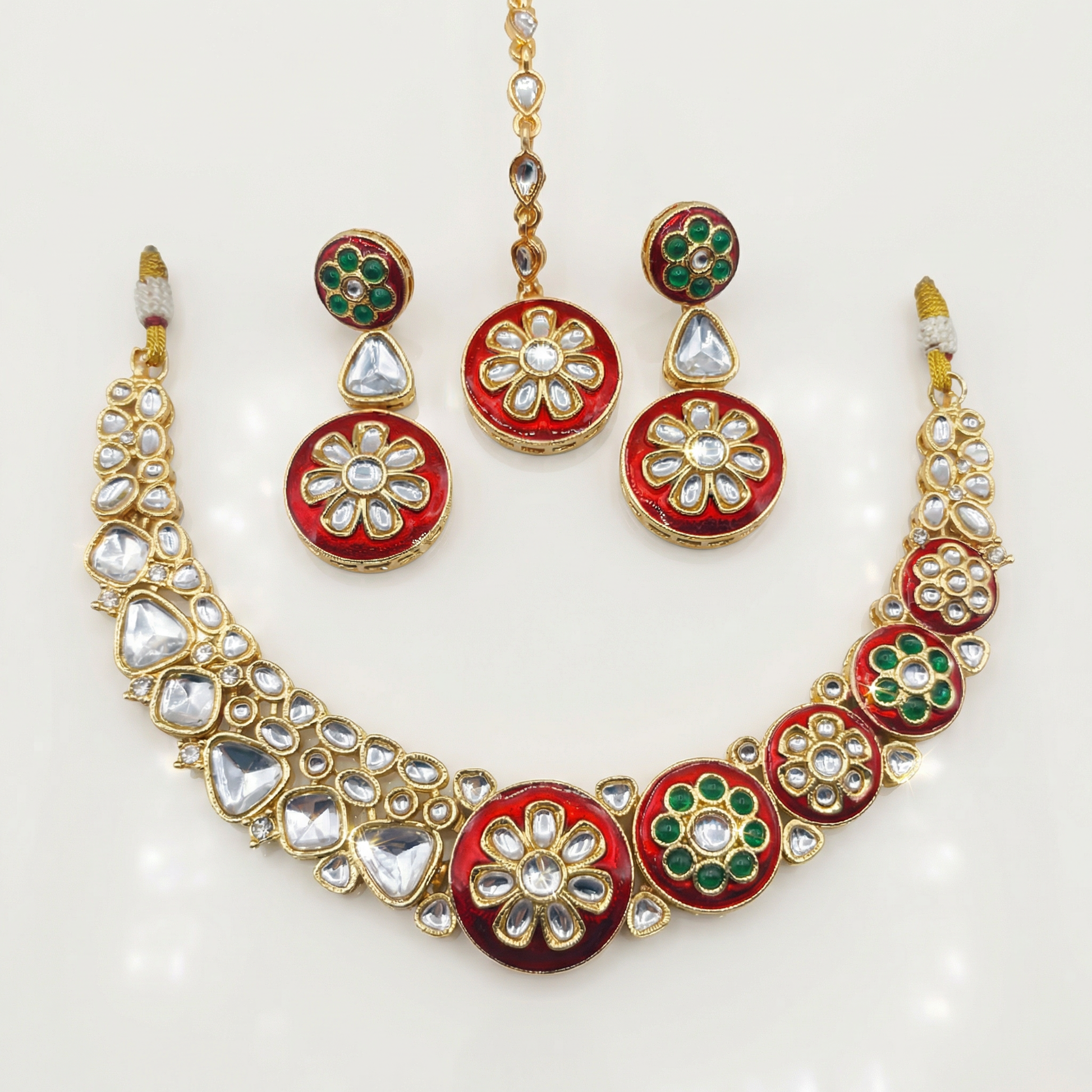 Regal Ruby Red Meenakari Necklace Set - Antique Gold Plated Floral Jewelry for Weddings - nandai.store