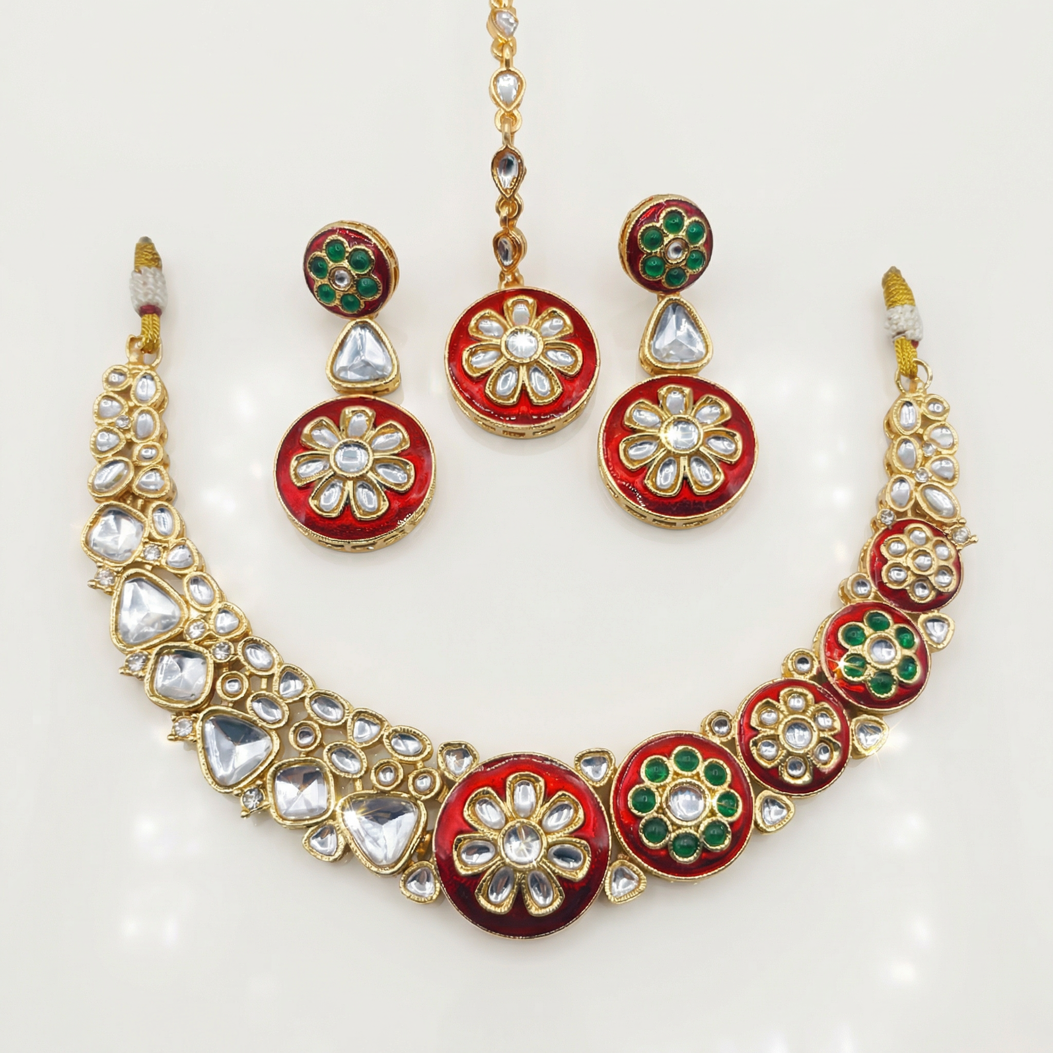 Regal Ruby Red Meenakari Necklace Set - Antique Gold Plated Floral Jewelry for Weddings - nandai.store