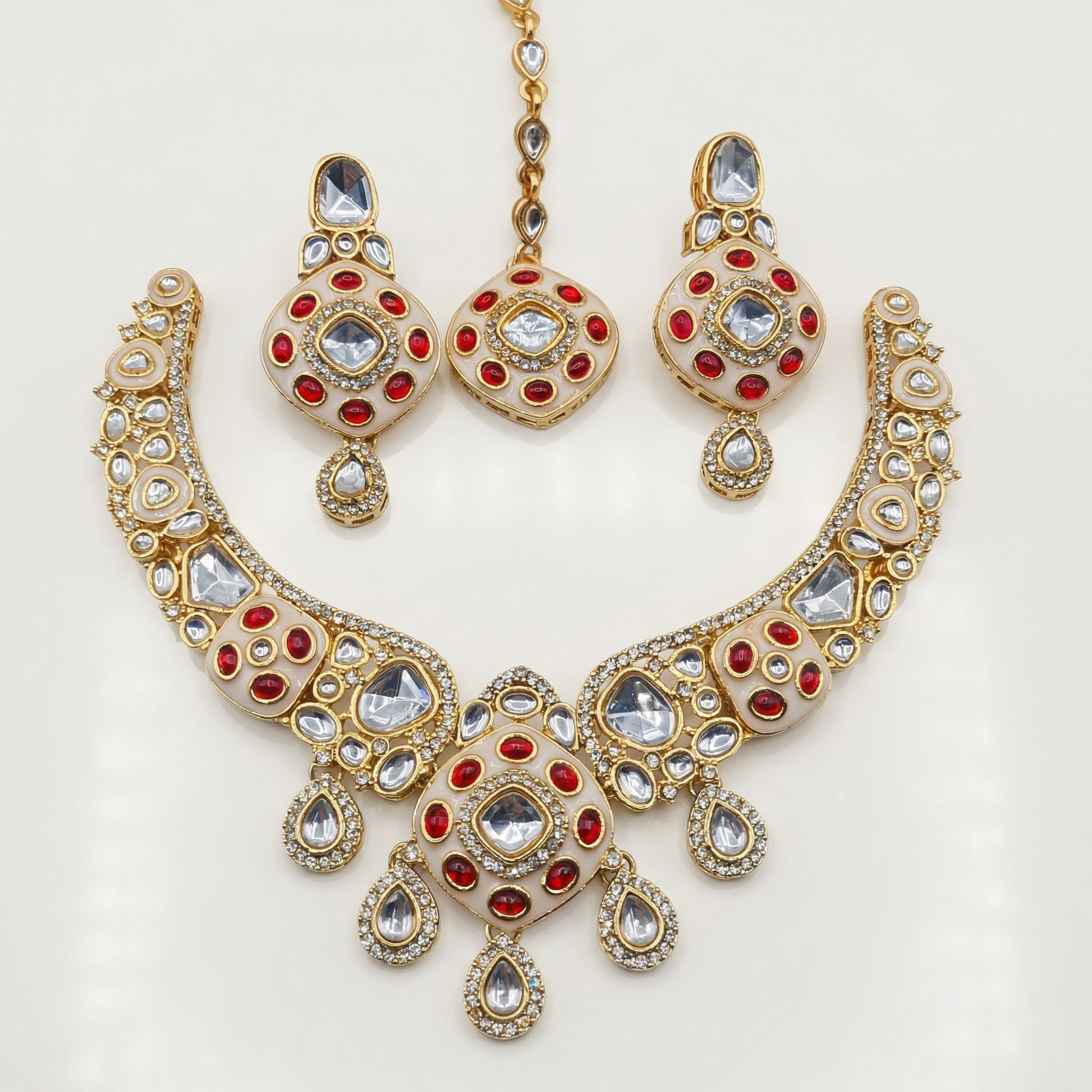 Royal Ruby Red Meenakari Bridal Jewelry Set - Gold Plated Kundan Choker with Maang Tikka & Earrings - nandai.store