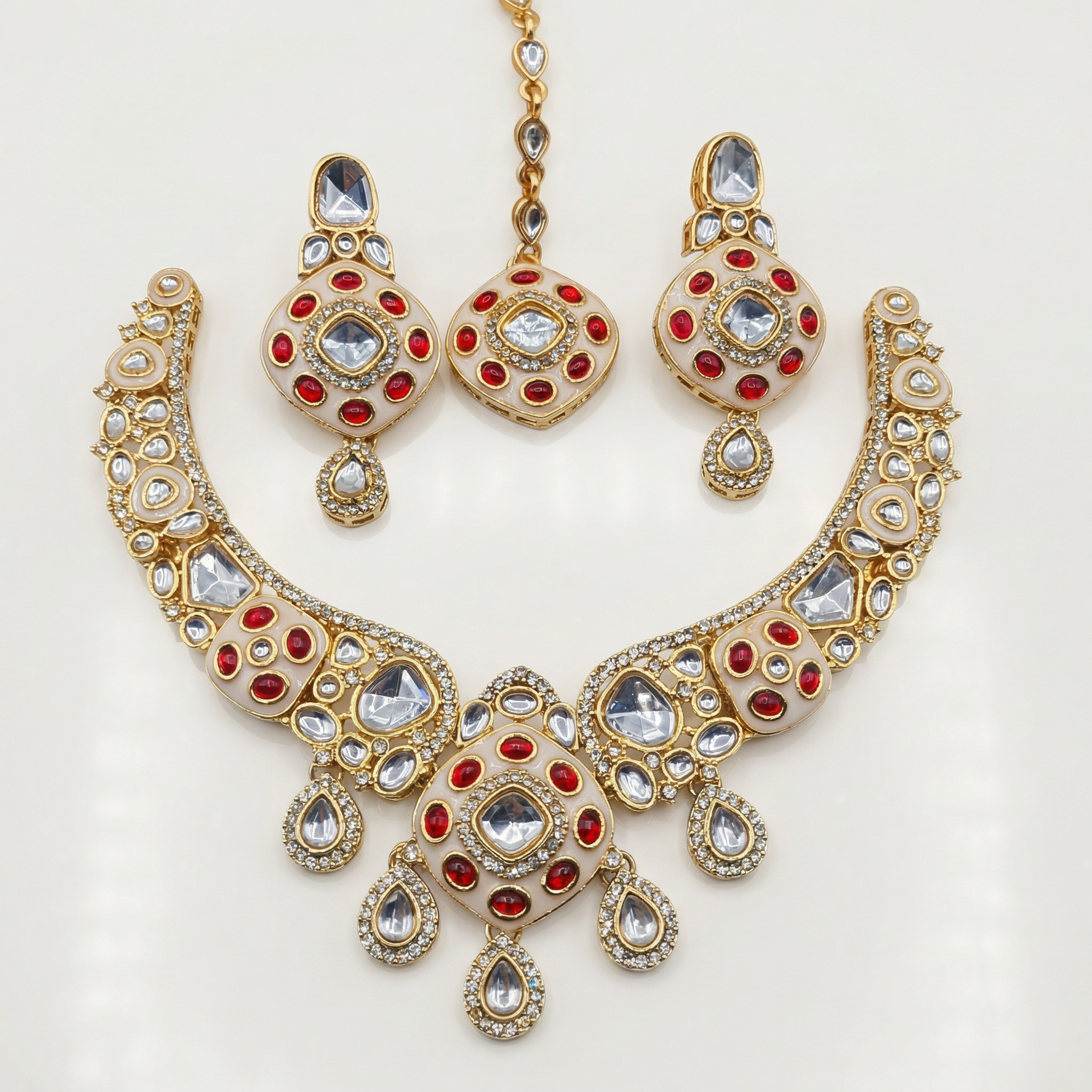Royal Ruby Red Meenakari Bridal Jewelry Set - Gold Plated Kundan Choker with Maang Tikka & Earrings - nandai.store