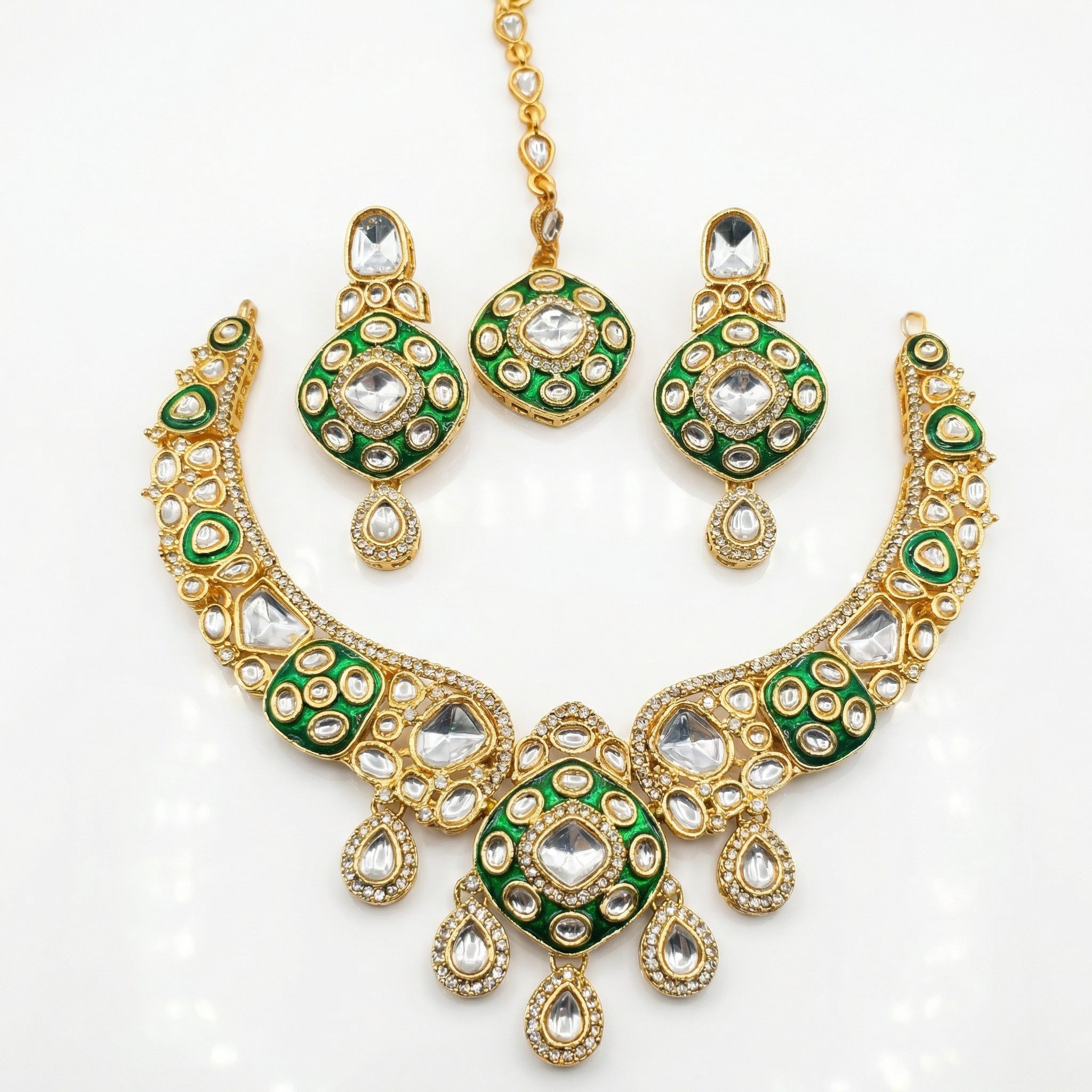 Royal Ruby Red Meenakari Bridal Jewelry Set - Gold Plated Kundan Choker with Maang Tikka & Earrings - nandai.store