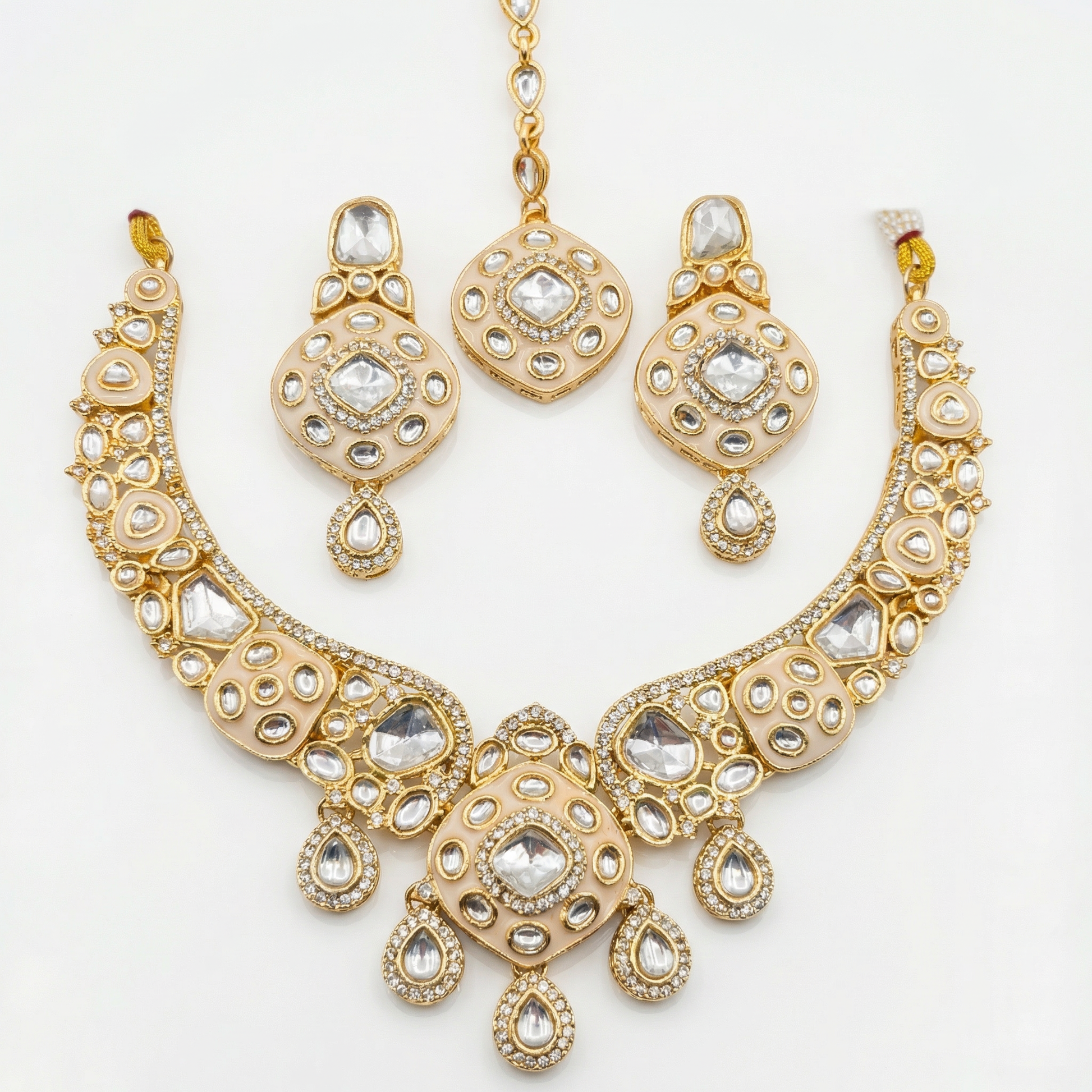 Royal Ruby Red Meenakari Bridal Jewelry Set - Gold Plated Kundan Choker with Maang Tikka & Earrings - nandai.store