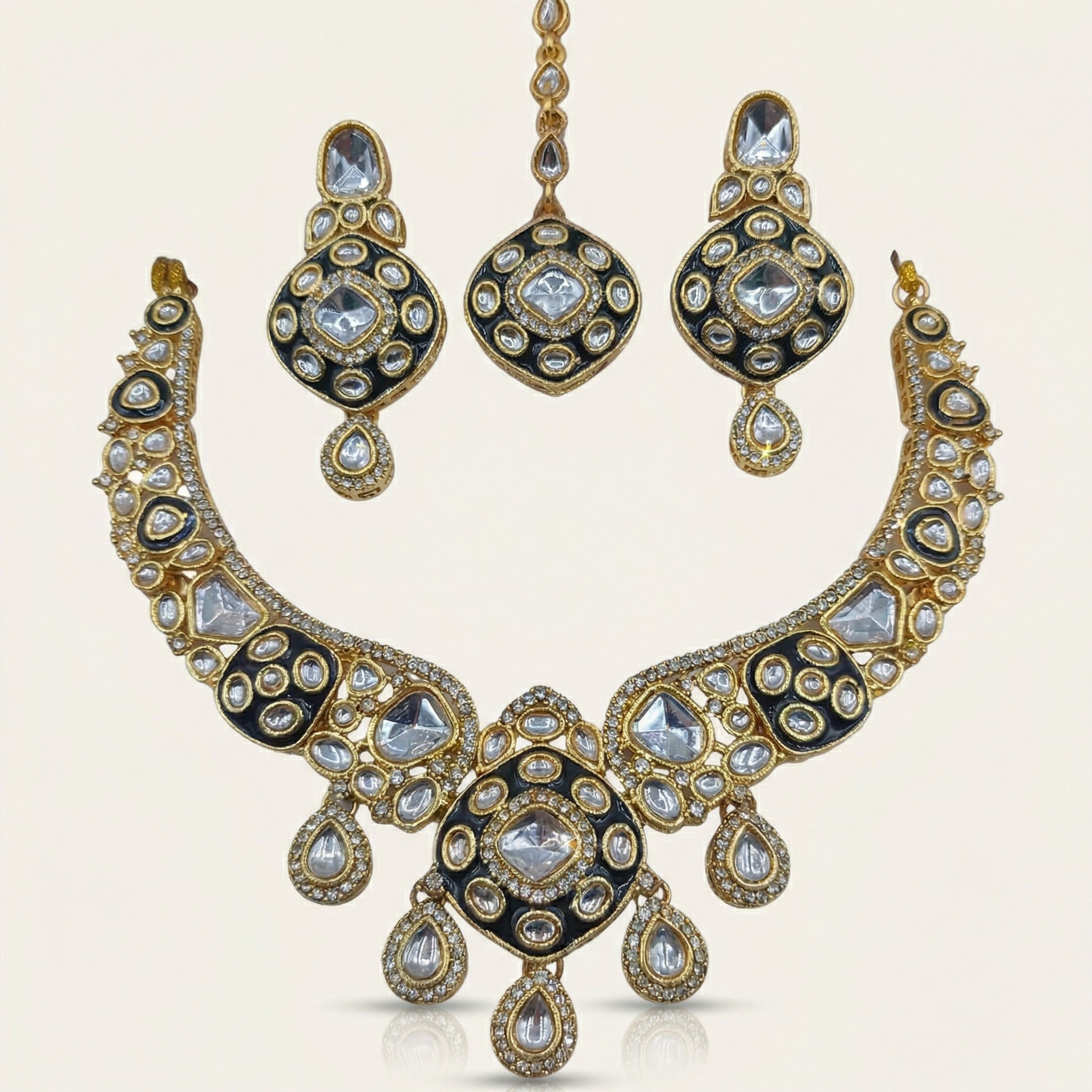 Royal Ruby Red Meenakari Bridal Jewelry Set - Gold Plated Kundan Choker with Maang Tikka & Earrings - nandai.store