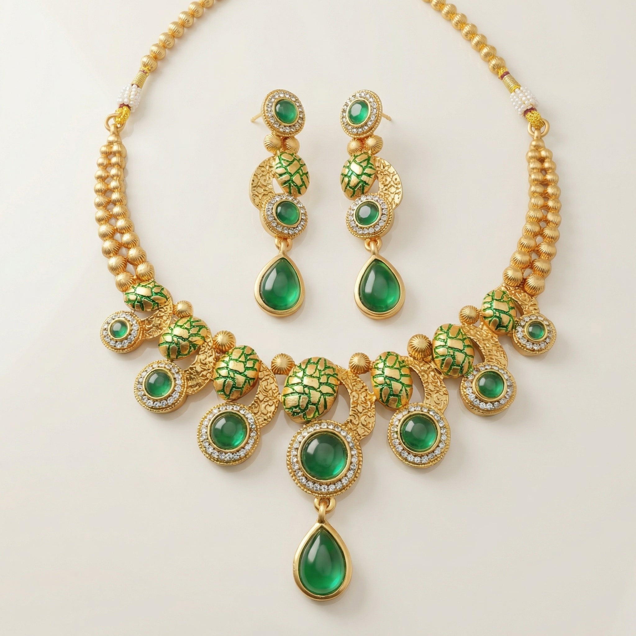 Emerald Green Meenakari Luxury Jewellery Set - Antique Gold Plated Necklace for Mehendi & Receptions - nandai.store