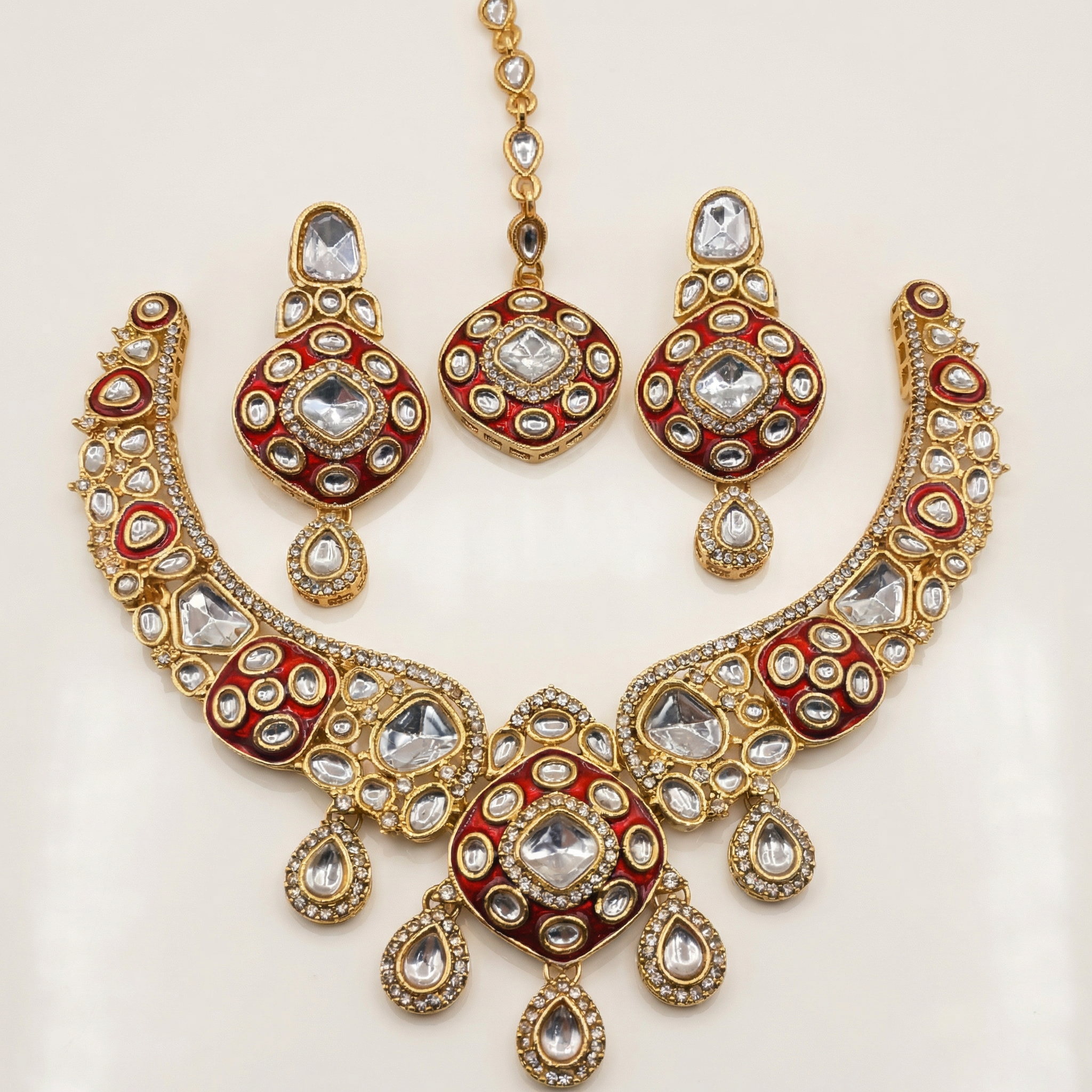 Royal Ruby Red Meenakari Bridal Jewelry Set - Gold Plated Kundan Choker with Maang Tikka & Earrings - nandai.store