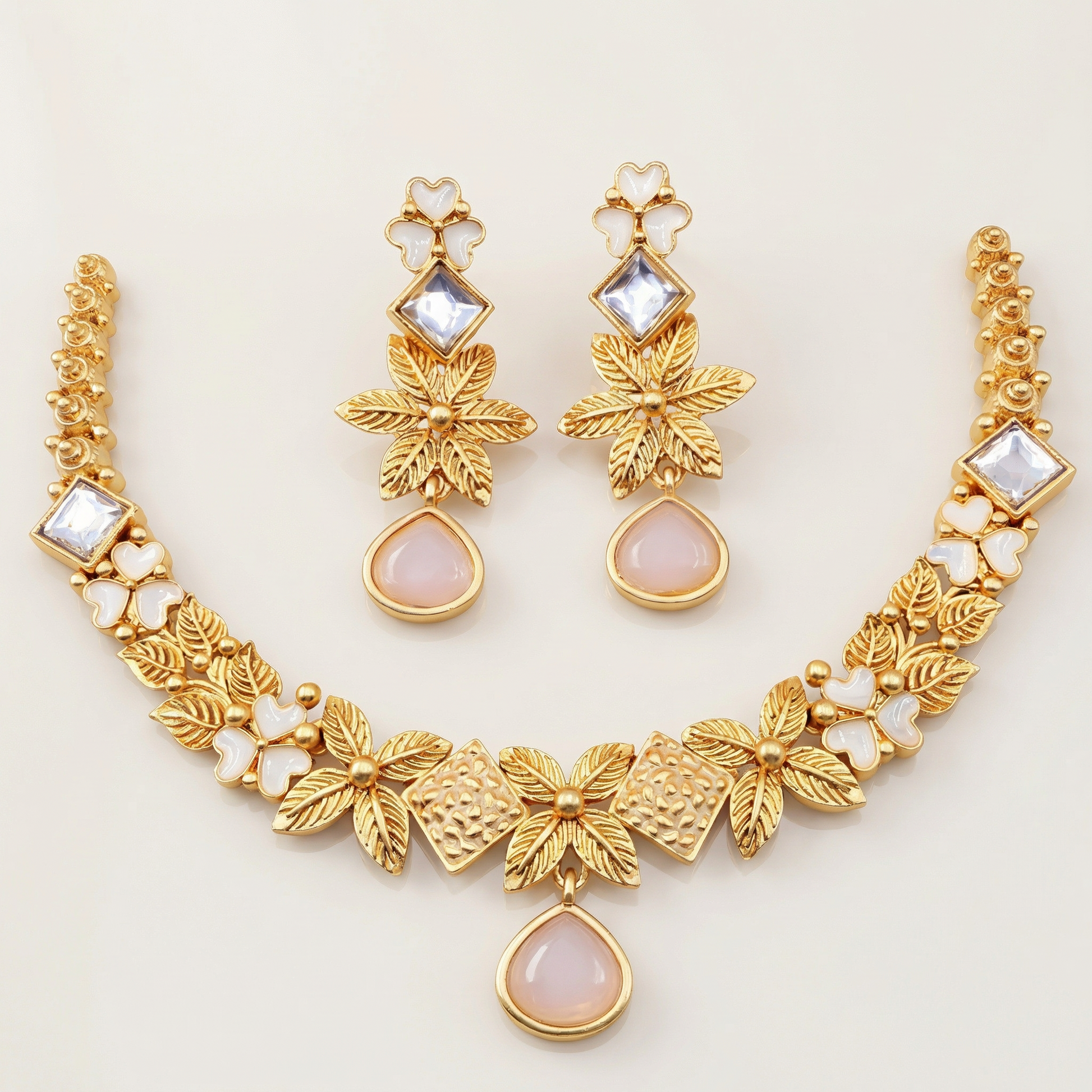 Ethereal Milky Ivory Leaf Filigree Jewelry Set - White & Gold Floral Necklace for Modern Brides - nandai.store