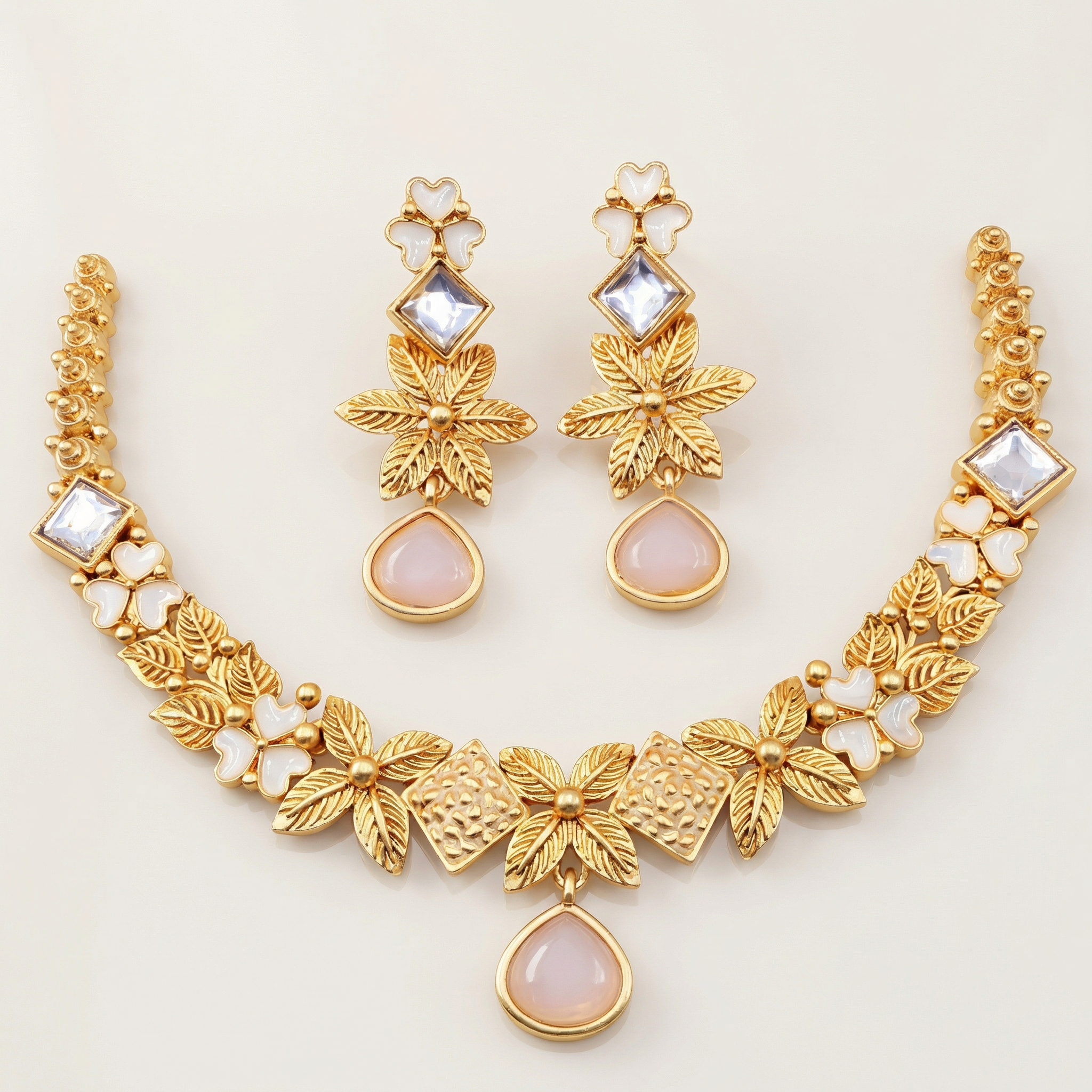 Ethereal Milky Ivory Leaf Filigree Jewelry Set - White & Gold Floral Necklace for Modern Brides - nandai.store