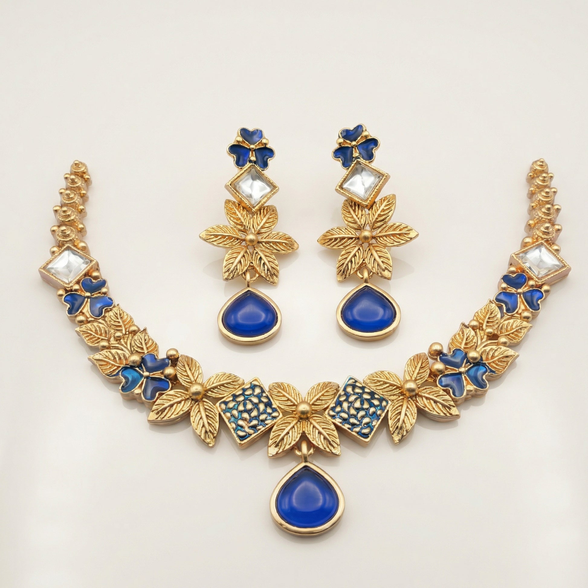 Ethereal Milky Ivory Leaf Filigree Jewelry Set - White & Gold Floral Necklace for Modern Brides - nandai.store