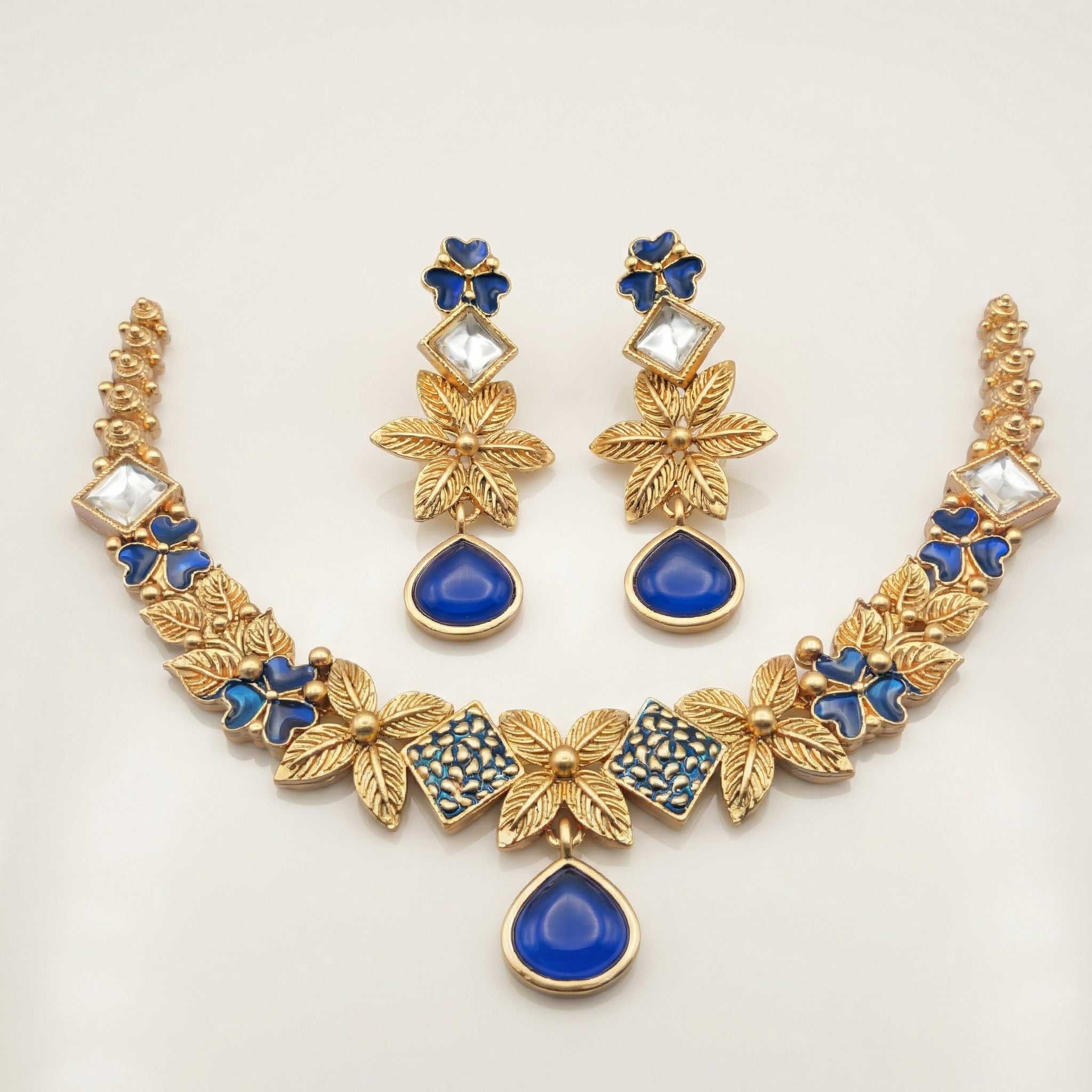 Ethereal Milky Ivory Leaf Filigree Jewelry Set - White & Gold Floral Necklace for Modern Brides - nandai.store