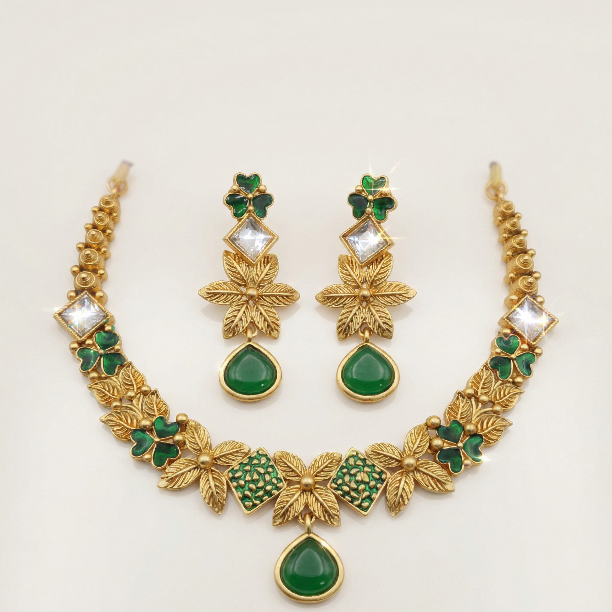 Ethereal Milky Ivory Leaf Filigree Jewelry Set - White & Gold Floral Necklace for Modern Brides - nandai.store