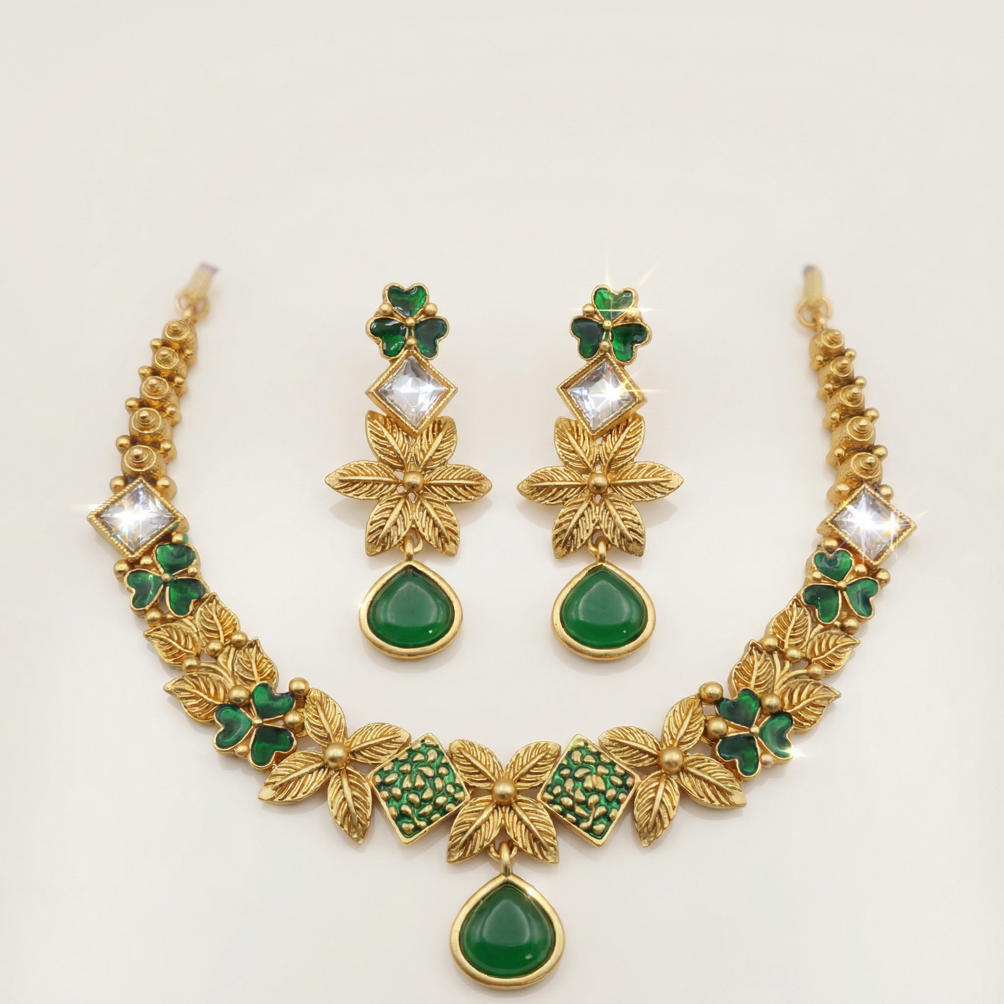 Ethereal Milky Ivory Leaf Filigree Jewelry Set - White & Gold Floral Necklace for Modern Brides - nandai.store