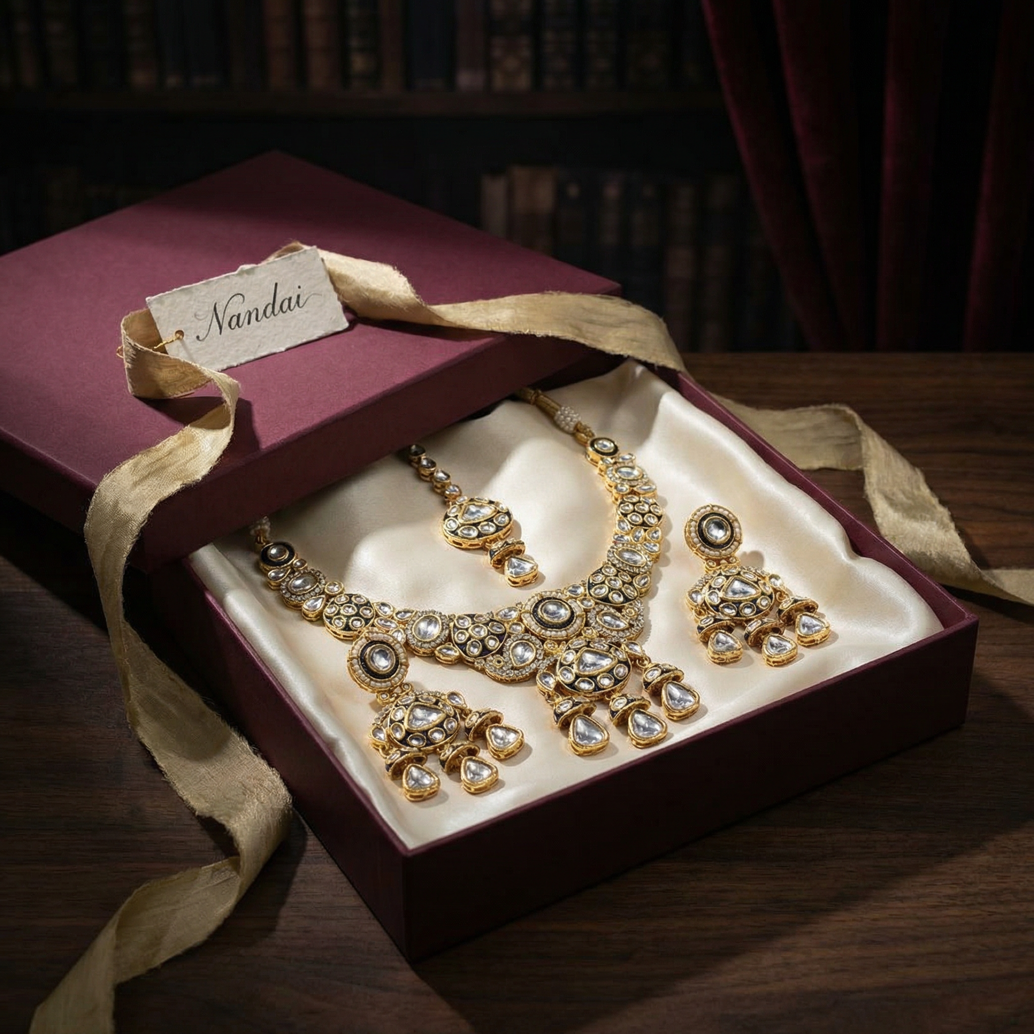 Traditional Cream & Ruby Red Kundan Choker Set with Meenakari Detailing - 3 Piece Bridal Jewelry Set - nandai.store