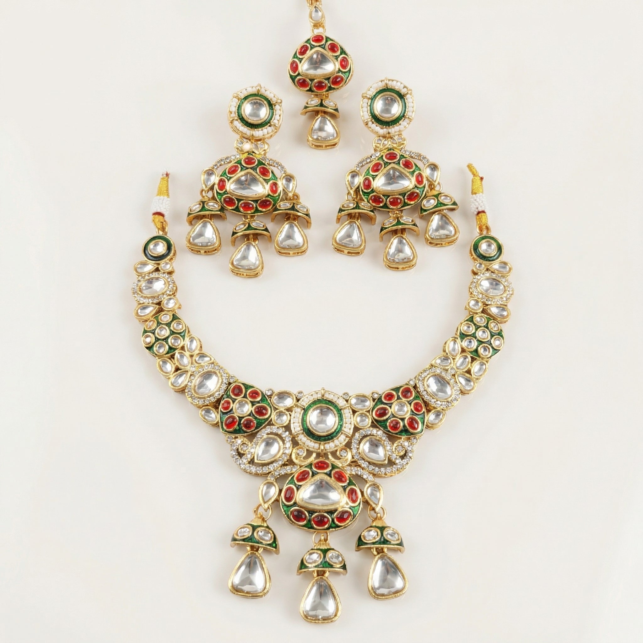 Traditional Cream & Ruby Red Kundan Choker Set with Meenakari Detailing - 3 Piece Bridal Jewelry Set - nandai.store
