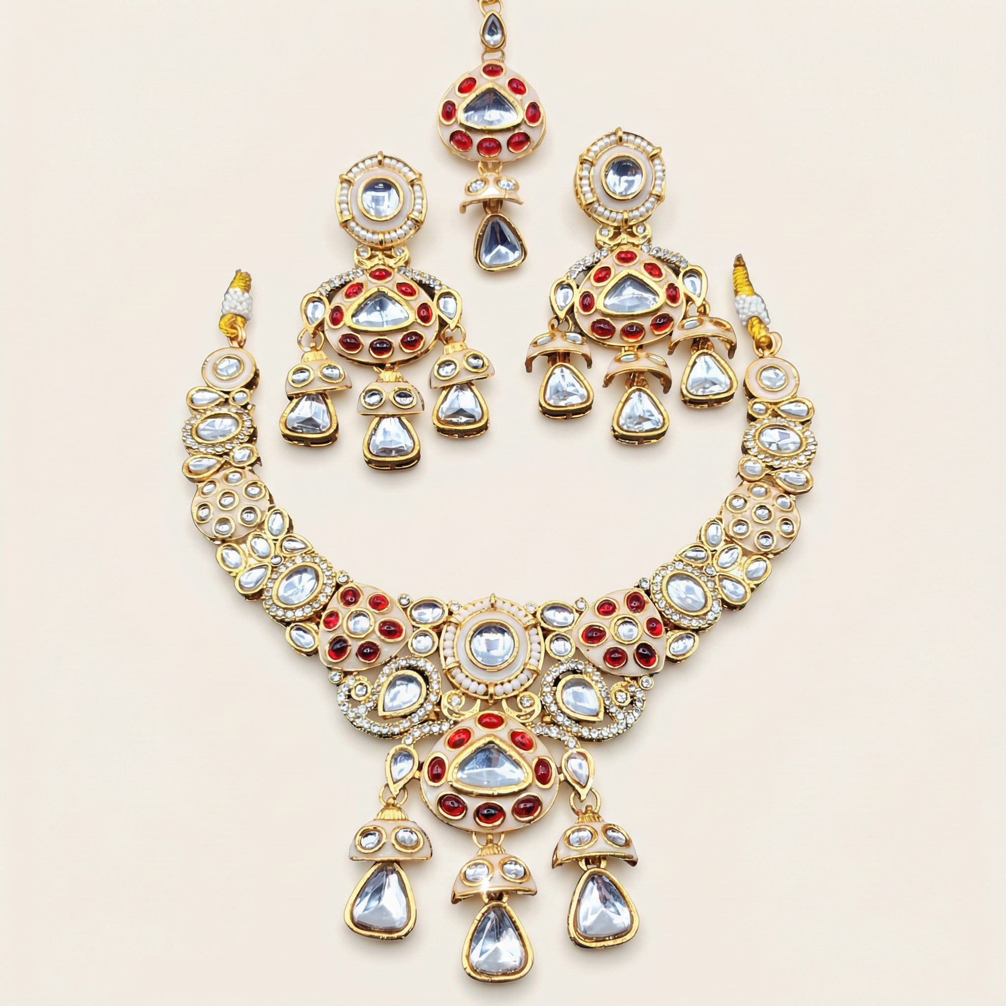 Traditional Cream & Ruby Red Kundan Choker Set with Meenakari Detailing - 3 Piece Bridal Jewelry Set - nandai.store