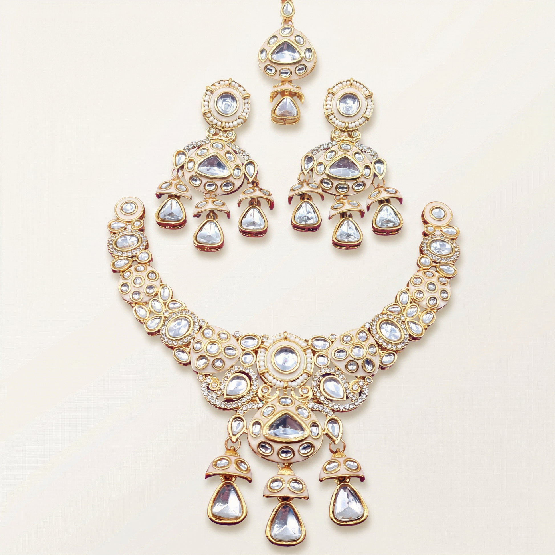 Traditional Cream & Ruby Red Kundan Choker Set with Meenakari Detailing - 3 Piece Bridal Jewelry Set - nandai.store