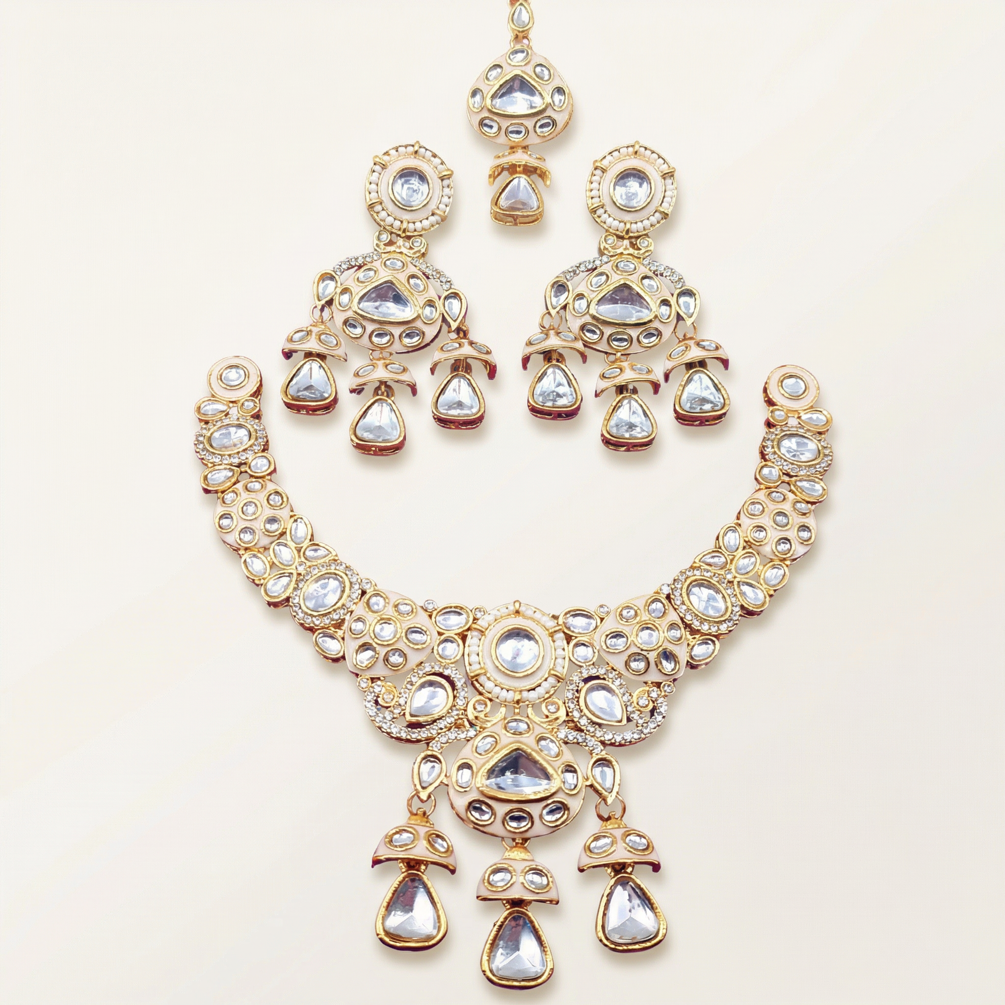 Traditional Cream & Ruby Red Kundan Choker Set with Meenakari Detailing - 3 Piece Bridal Jewelry Set - nandai.store