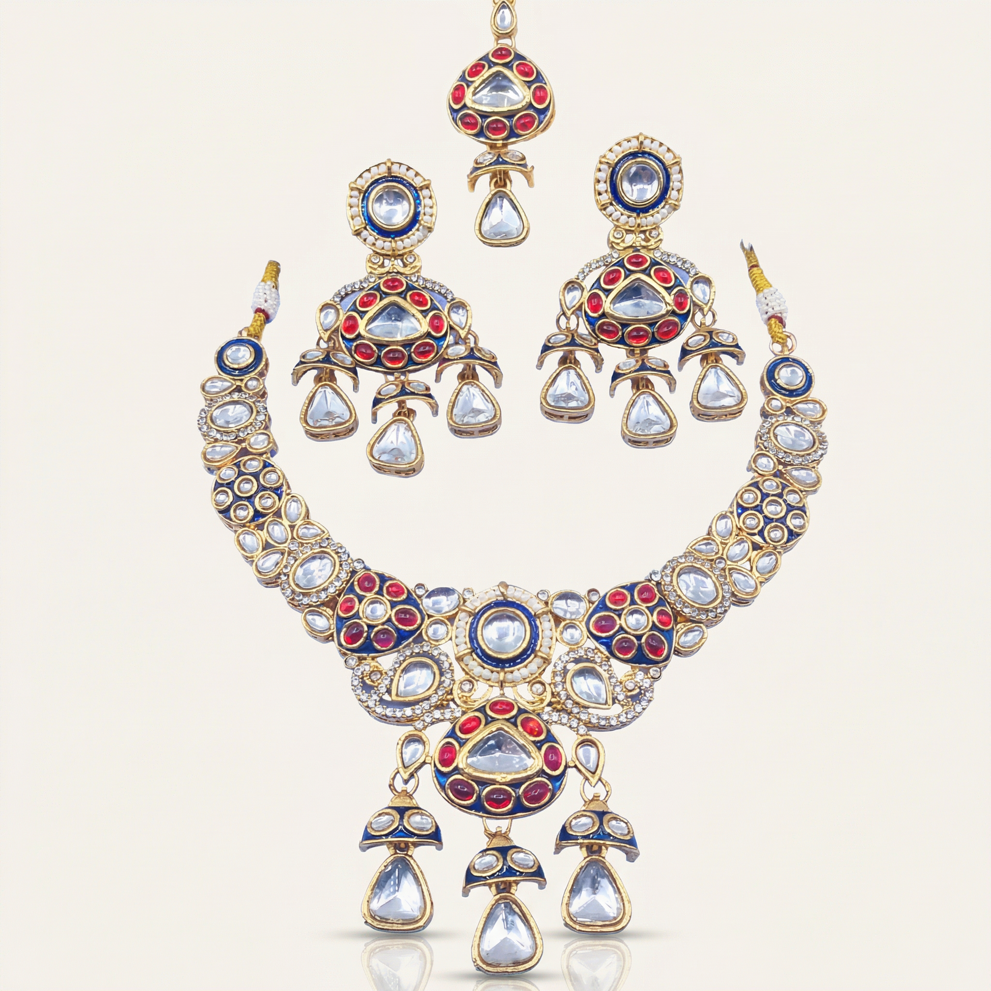 Traditional Cream & Ruby Red Kundan Choker Set with Meenakari Detailing - 3 Piece Bridal Jewelry Set - nandai.store