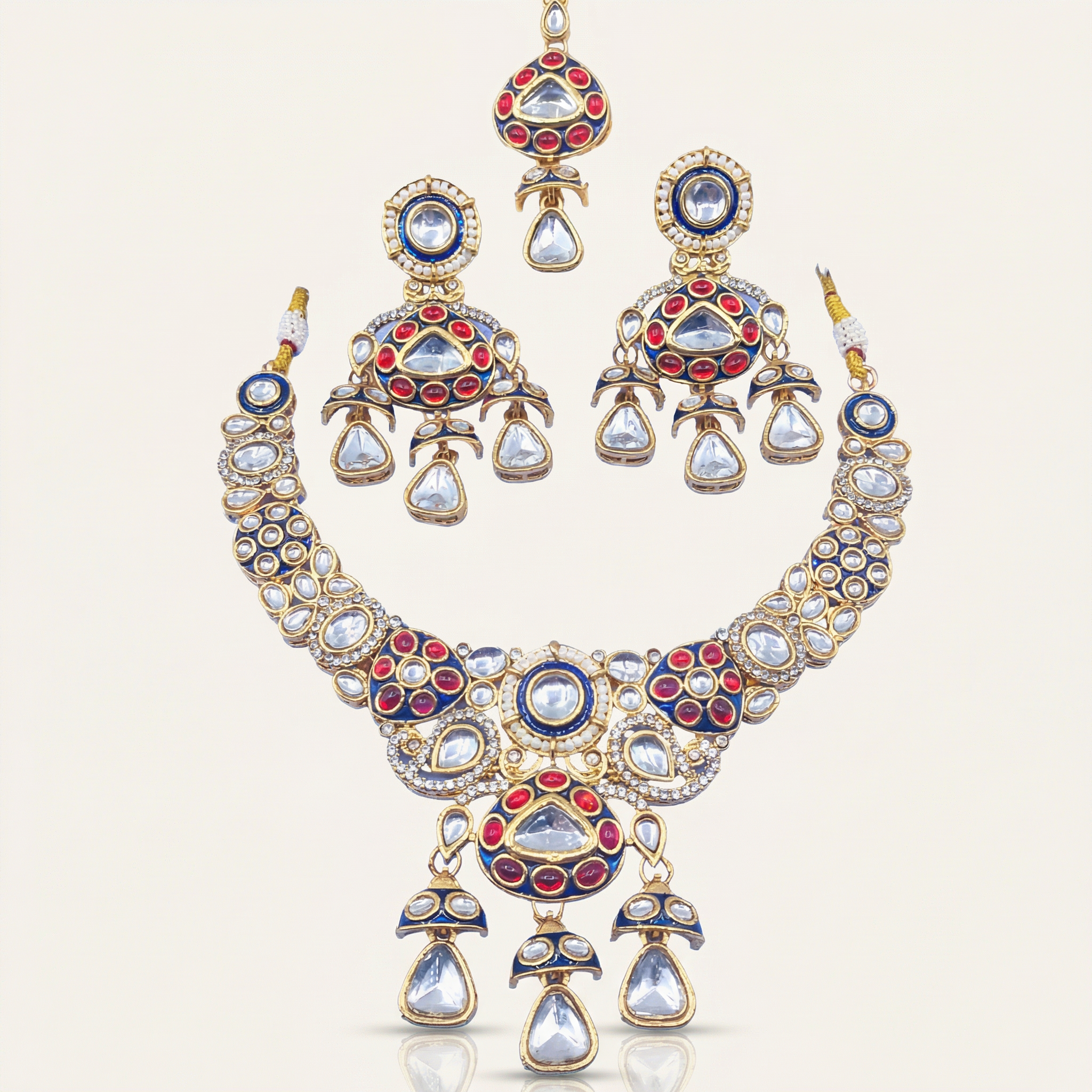 Traditional Cream & Ruby Red Kundan Choker Set with Meenakari Detailing - 3 Piece Bridal Jewelry Set - nandai.store