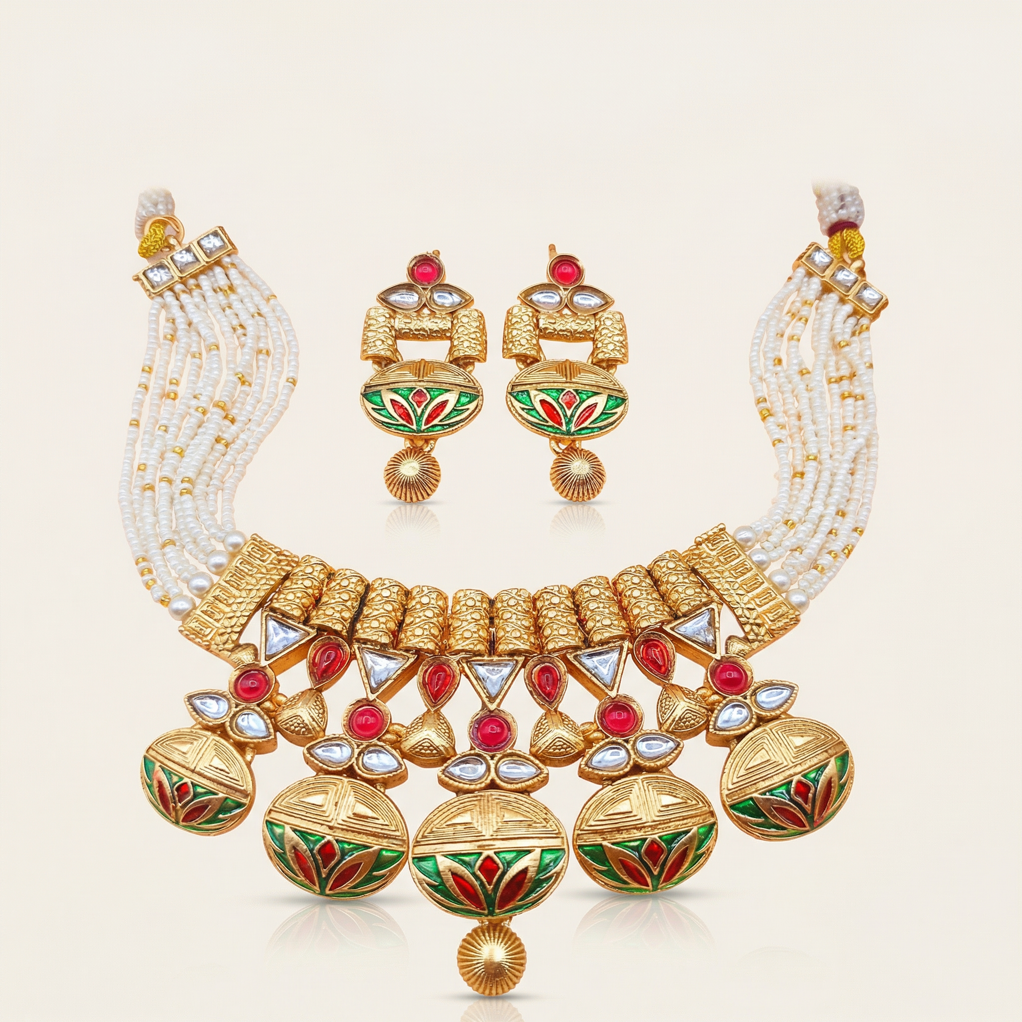 Rajwadi Necklace Set - Madhubala Bridal Jewelry - Gold Meenakari Choker with Earrings & Pearls