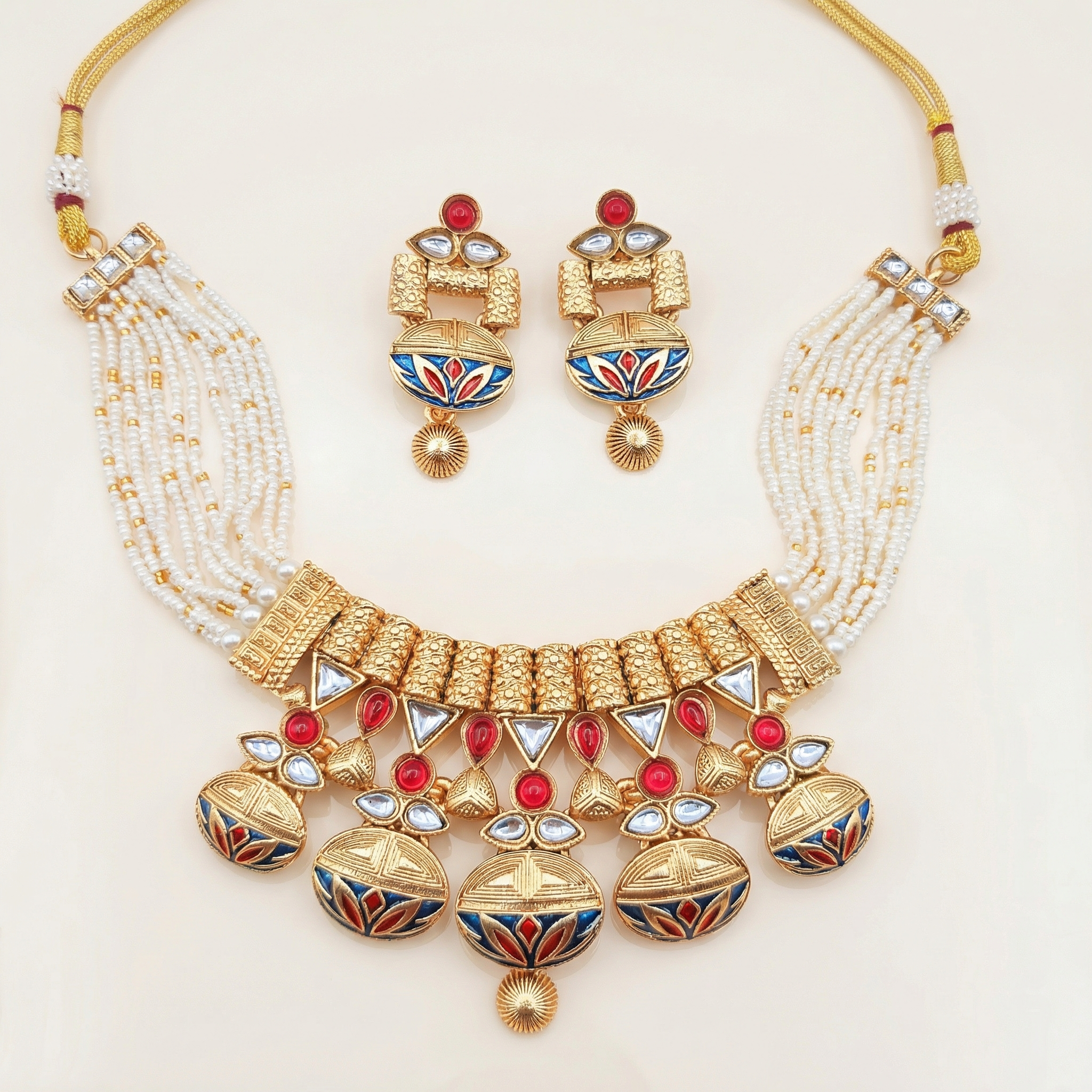 Rajwadi Necklace Set - Madhubala Bridal Jewelry - Gold Meenakari Choker with Earrings & Pearls