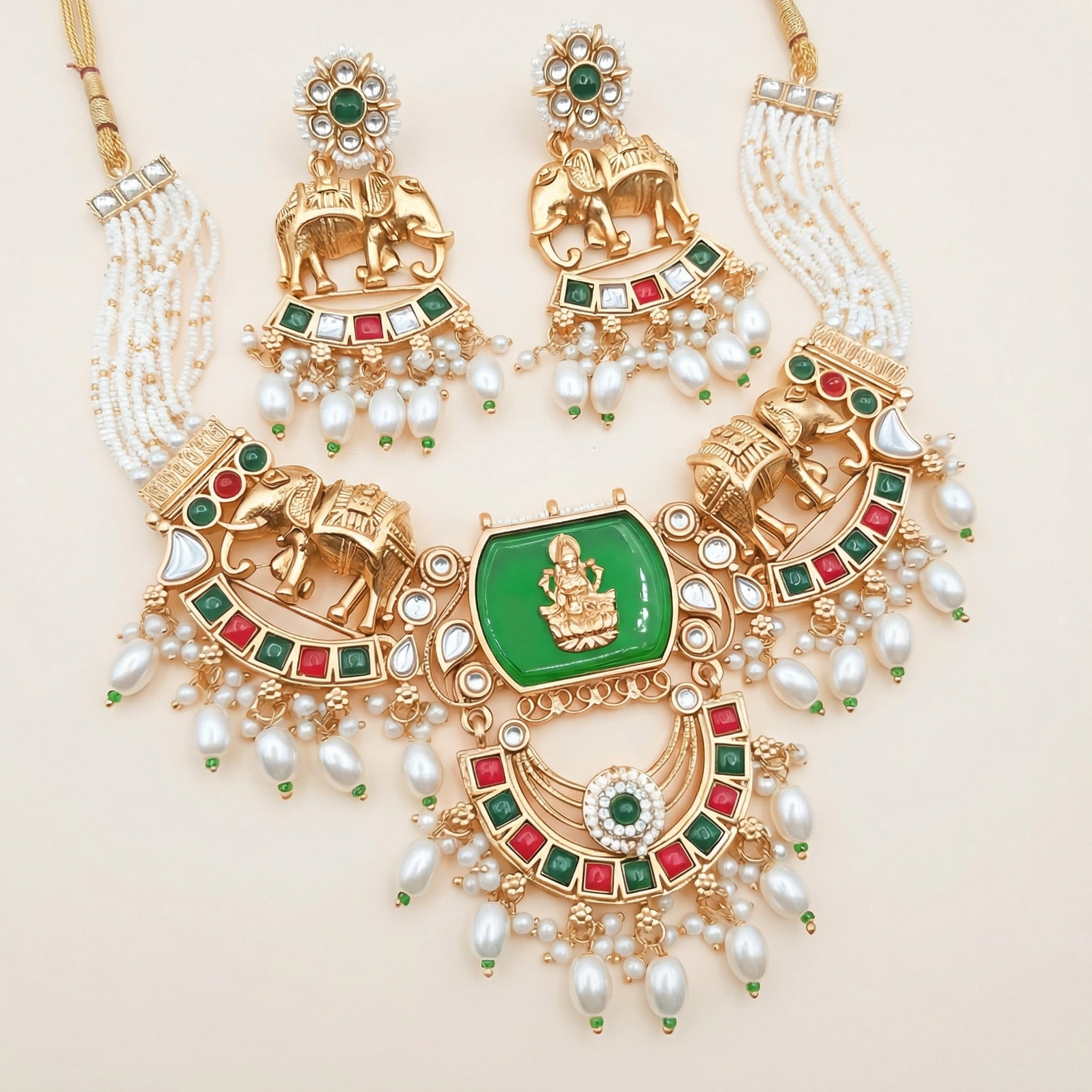 Kundan Necklace Set - Bihari Bridal Necklace with Elephant & Emerald Design
