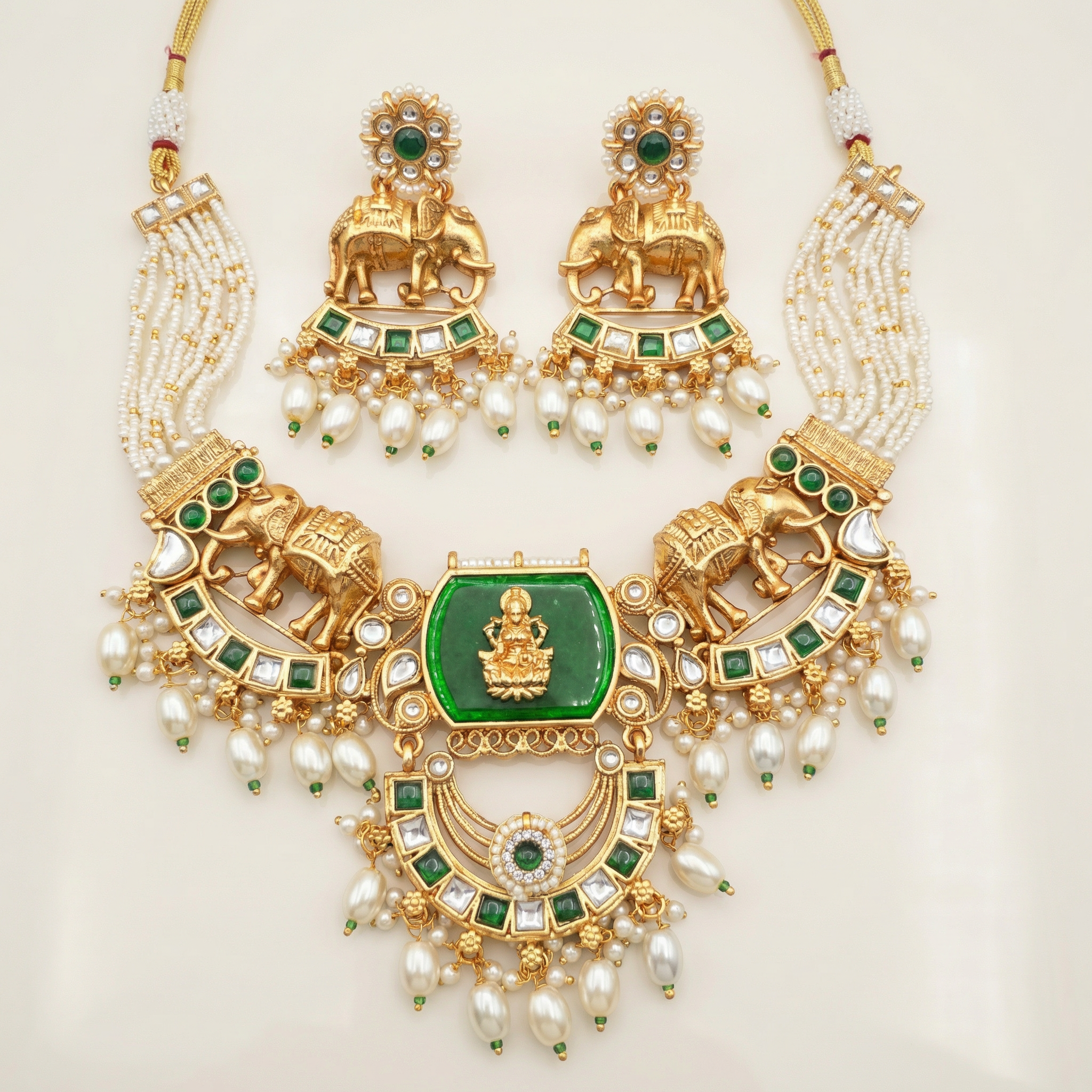 Kundan Necklace Set - Bihari Bridal Necklace with Elephant & Emerald Design