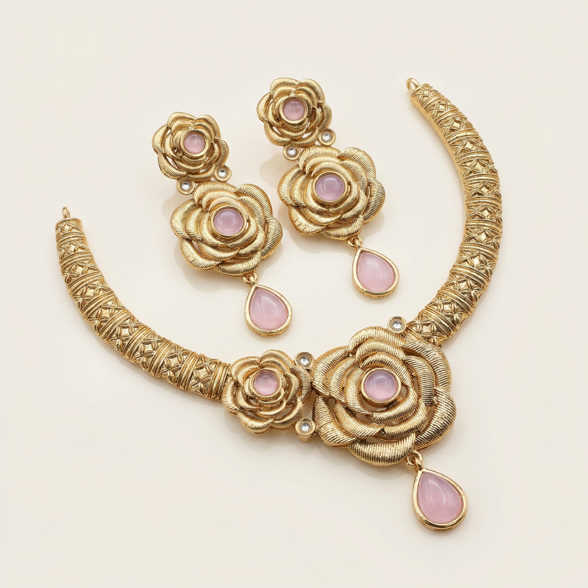 Hasadi Necklace | Rajwadi Rose Design with Green Stones Bridal Set