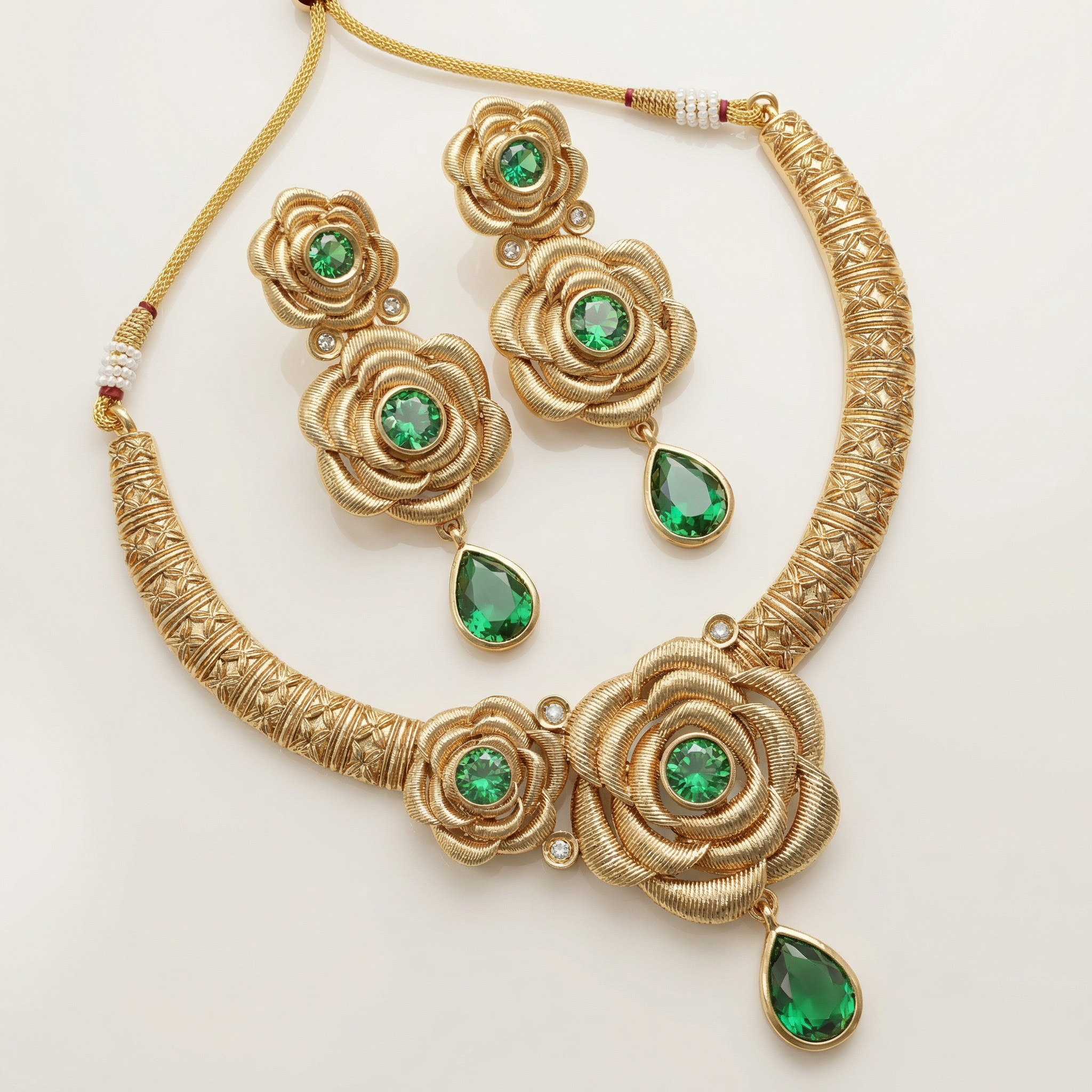 Hasadi Necklace | Rajwadi Rose Design with Green Stones Bridal Set