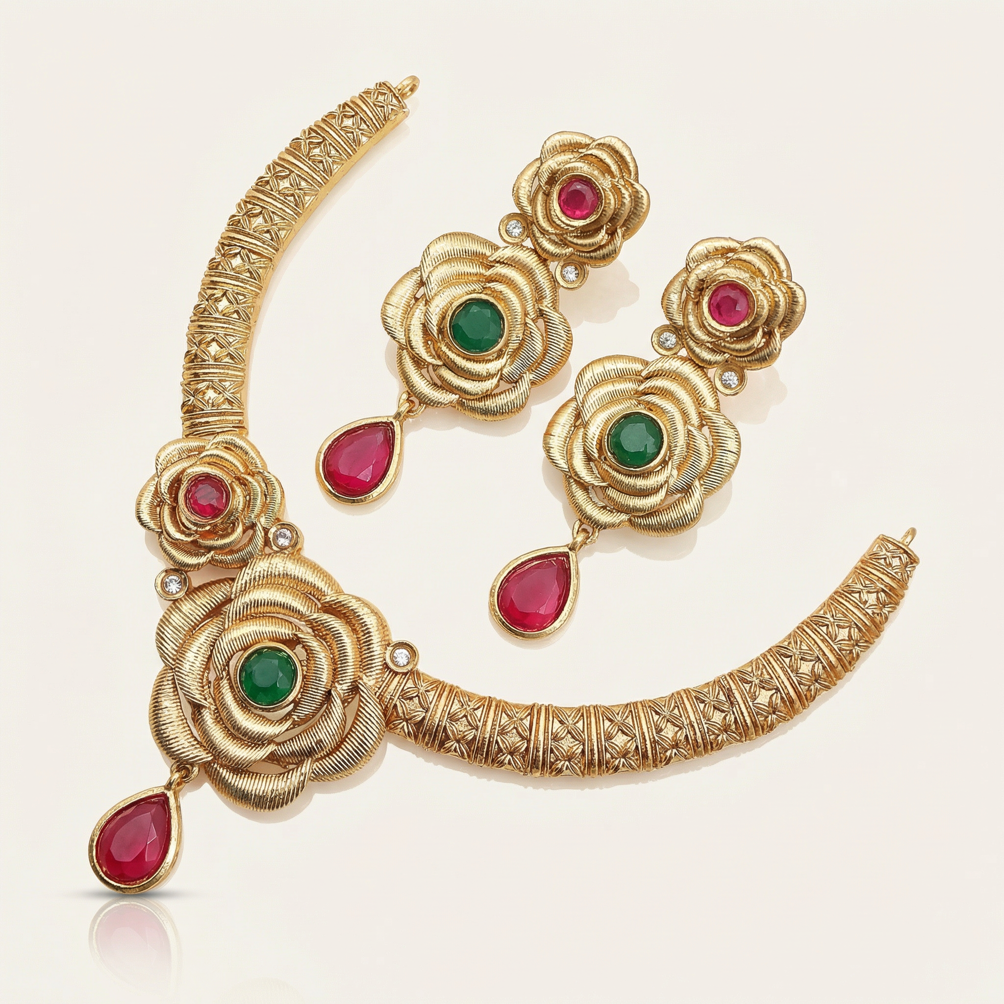 Hasadi Necklace | Rajwadi Rose Design with Green Stones Bridal Set