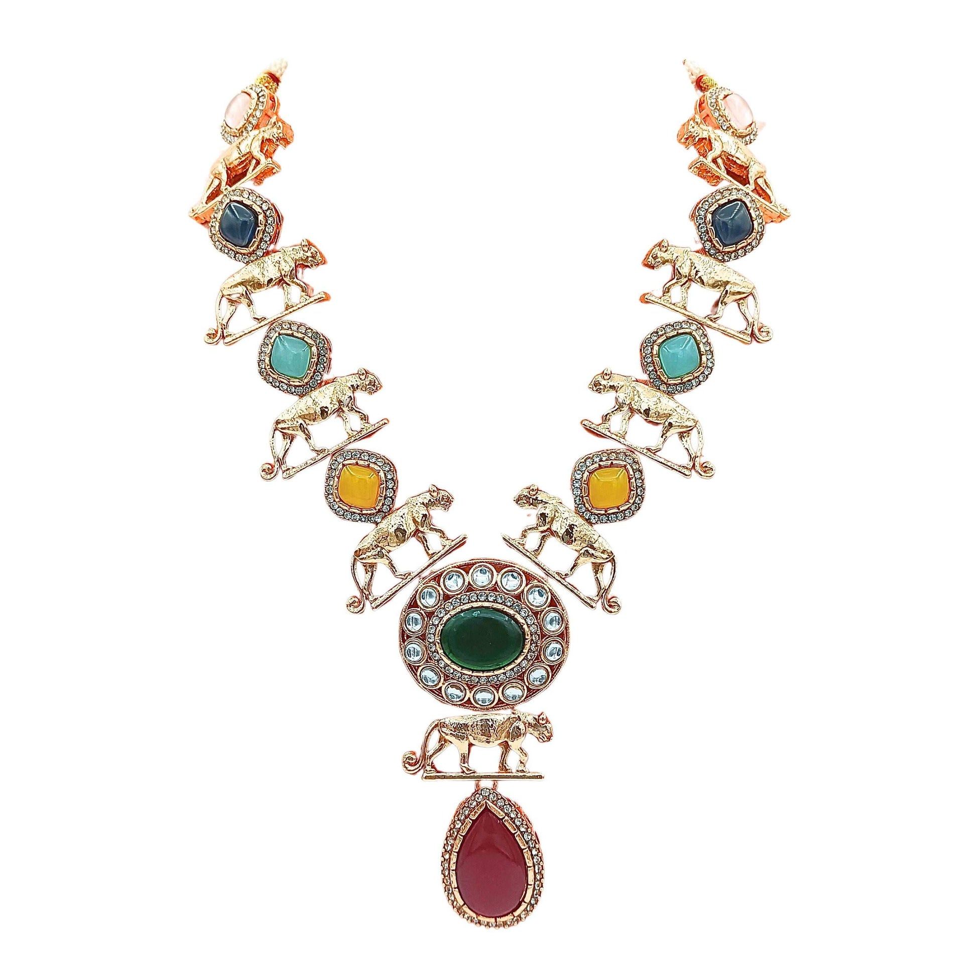 Jaguar Indo-Western Necklace Set – Luxury Multi-Color Stone Jewelry - Nandai Jewels