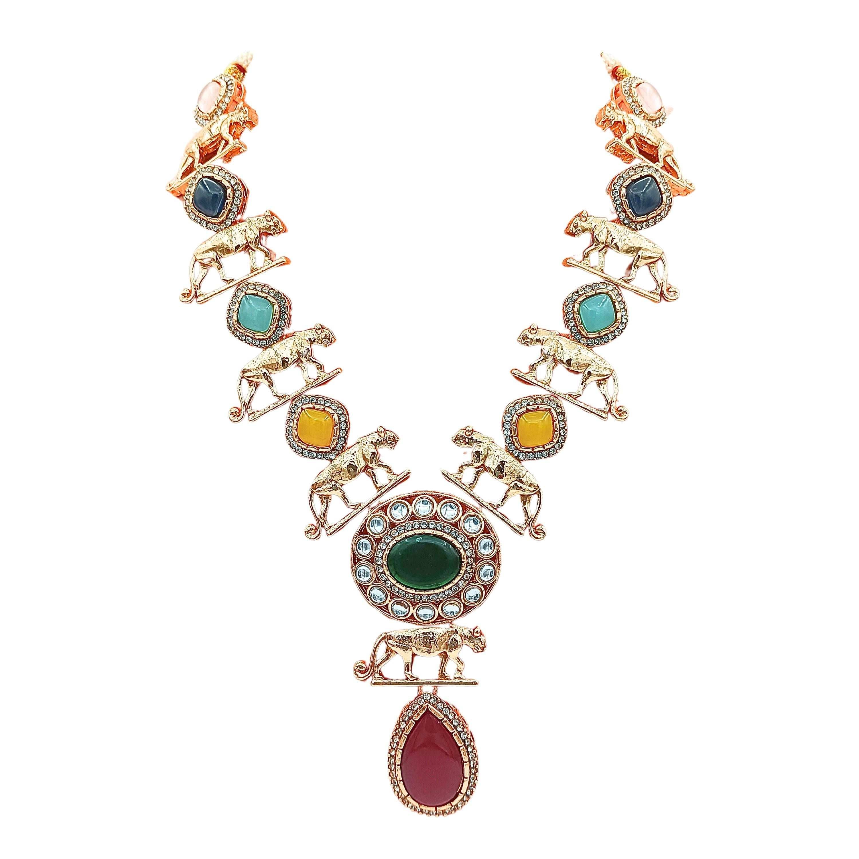Jaguar Indo-Western Necklace Set – Luxury Multi-Color Stone Jewelry - Nandai Jewels