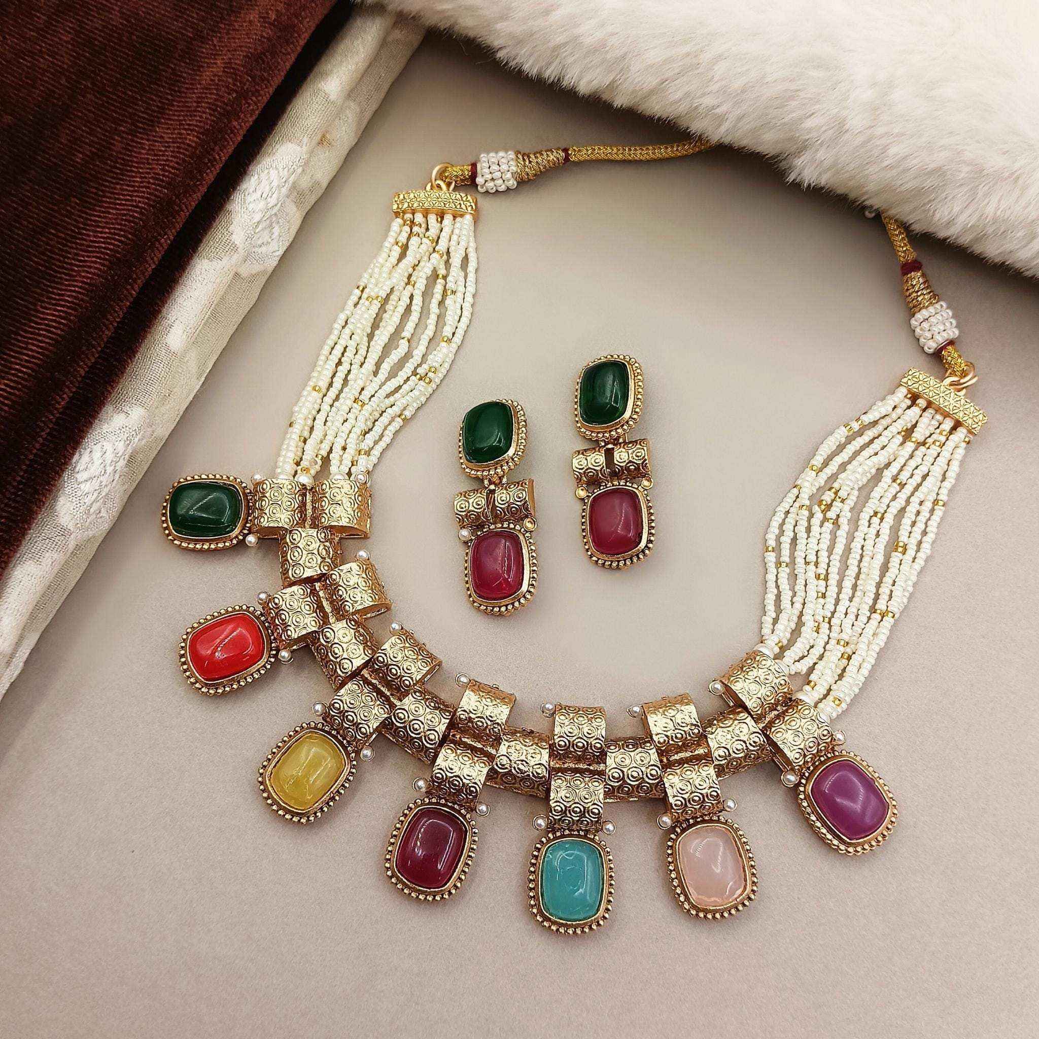 Rajwadi Choker Necklace | Monalisa Fusion Bridal Jewelry Set with Earrings