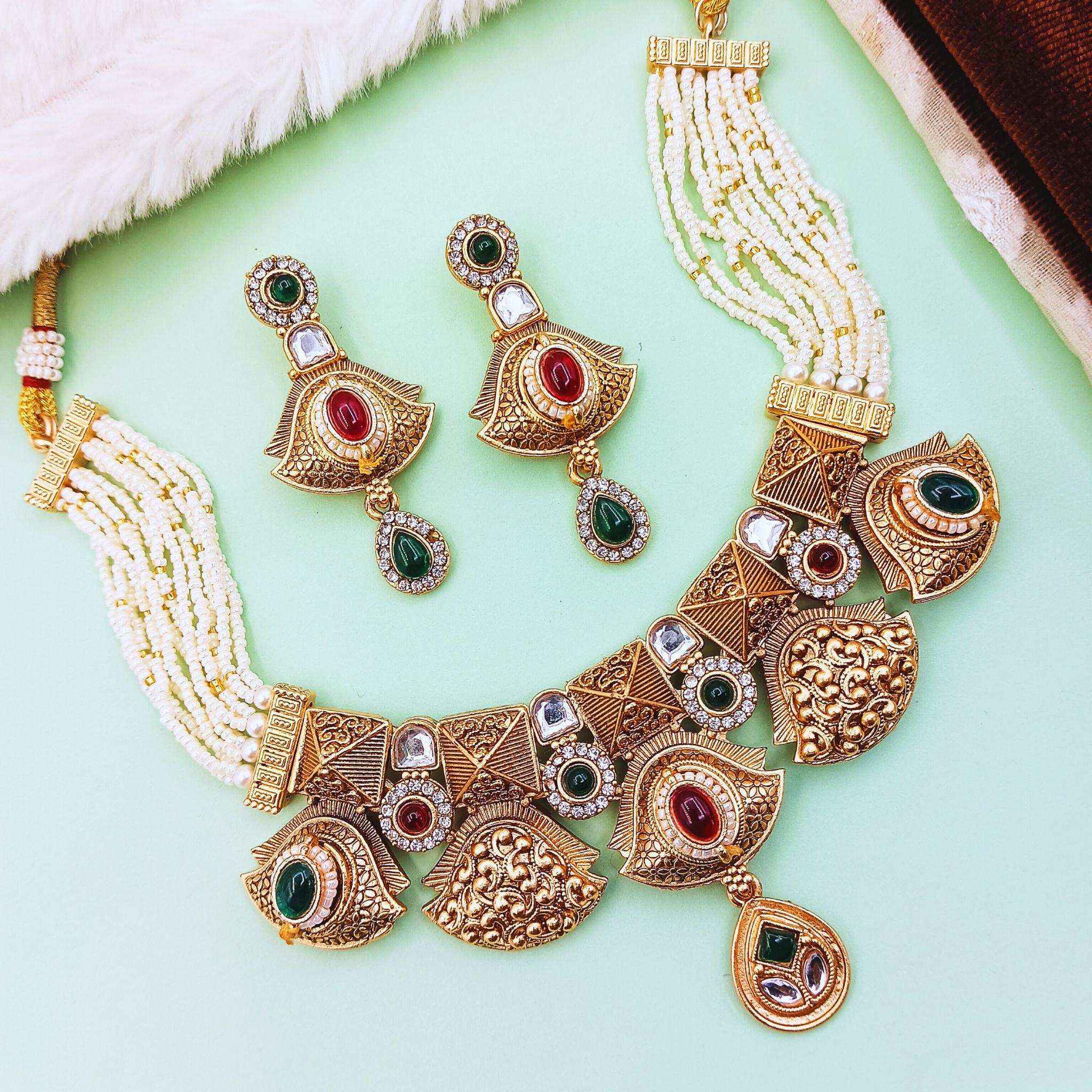 Meenakari Rajputi Choker Necklace | Antique Gold Enamel Jewelry Set