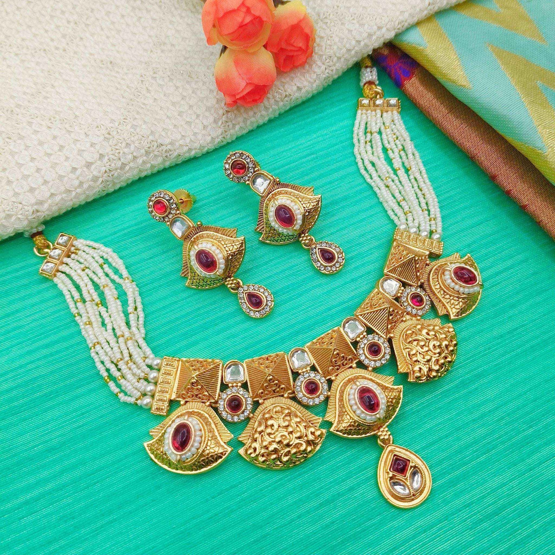 Meenakari Rajputi Choker Necklace | Antique Gold Enamel Jewelry Set