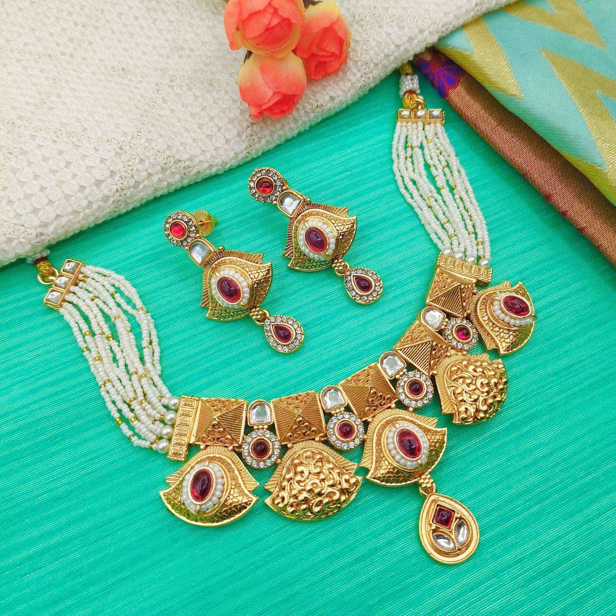 Meenakari Rajputi Choker Necklace | Antique Gold Enamel Jewelry Set