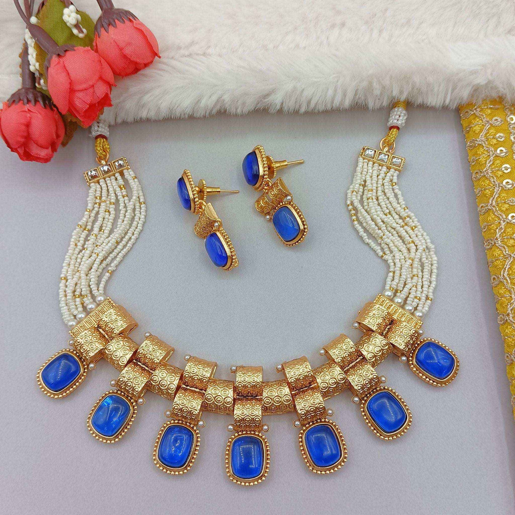 Rajwadi Choker Necklace | Monalisa Fusion Bridal Jewelry Set with Earrings