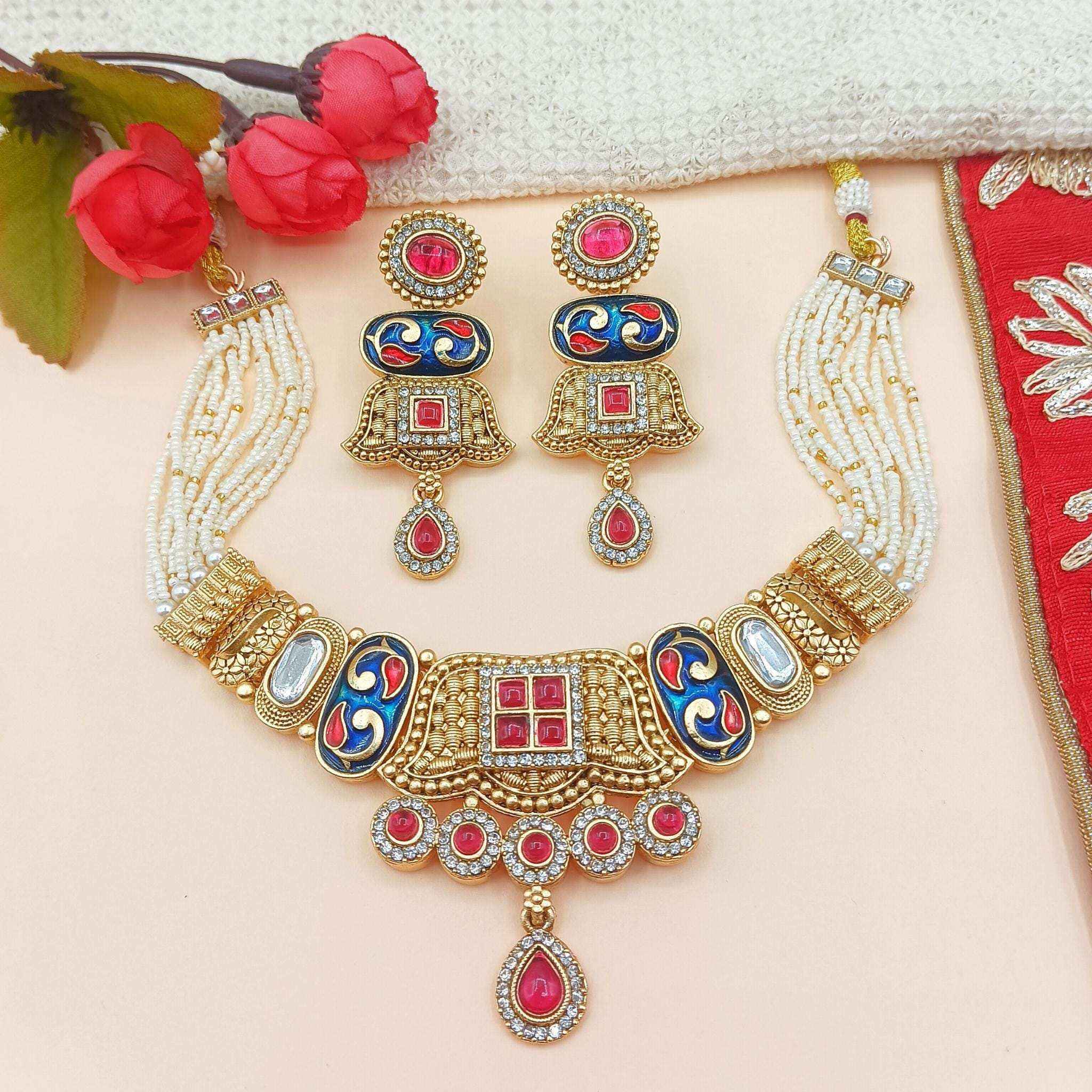 Meenakari Choker Set | Meenakari Kundan Choker Necklace Gold – Rajwadi Bridal Jewellery