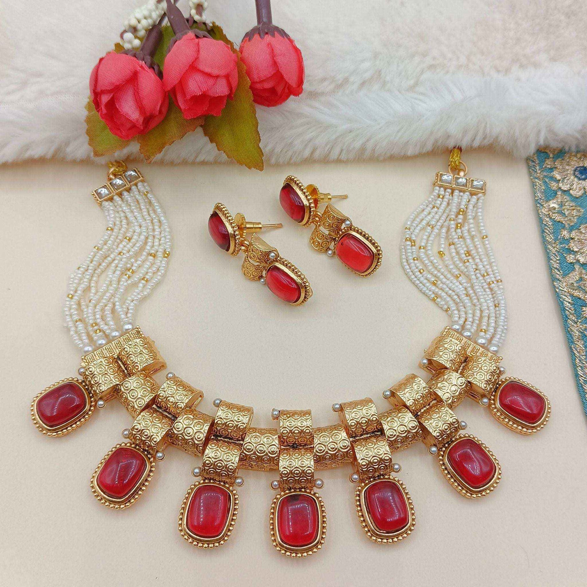 Rajwadi Choker Necklace | Monalisa Fusion Bridal Jewelry Set with Earrings