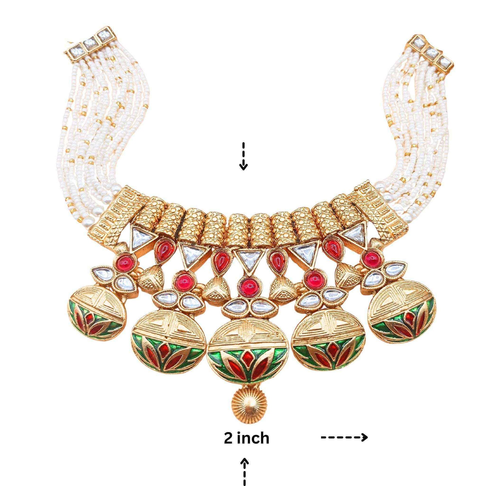 Rajwadi Necklace Set | Madhubala Bridal Jewelry | Gold Meenakari Choker with Earrings & Pearls
