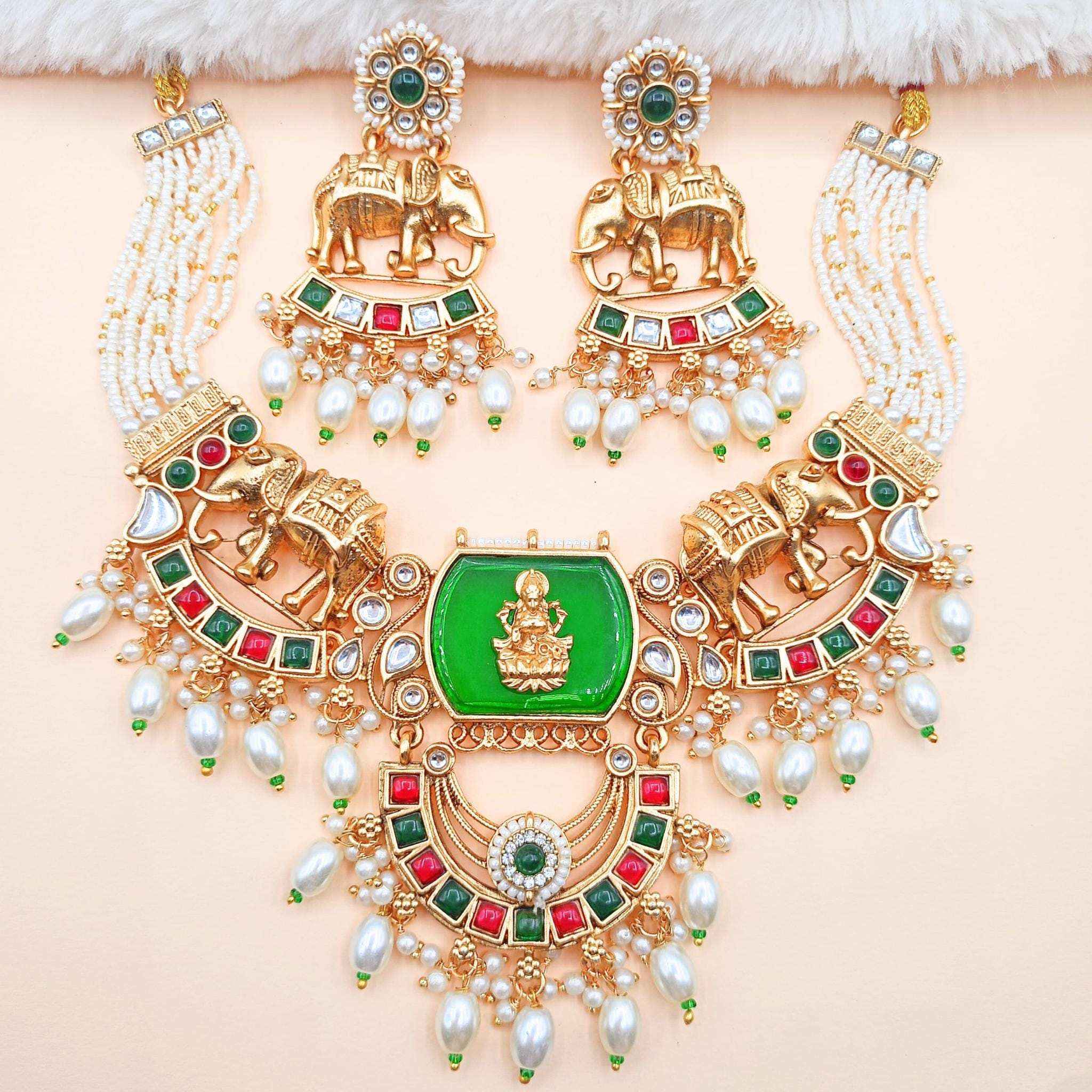 Kundan Necklace Set | Bihari Bridal Necklace with Elephant & Emerald Design