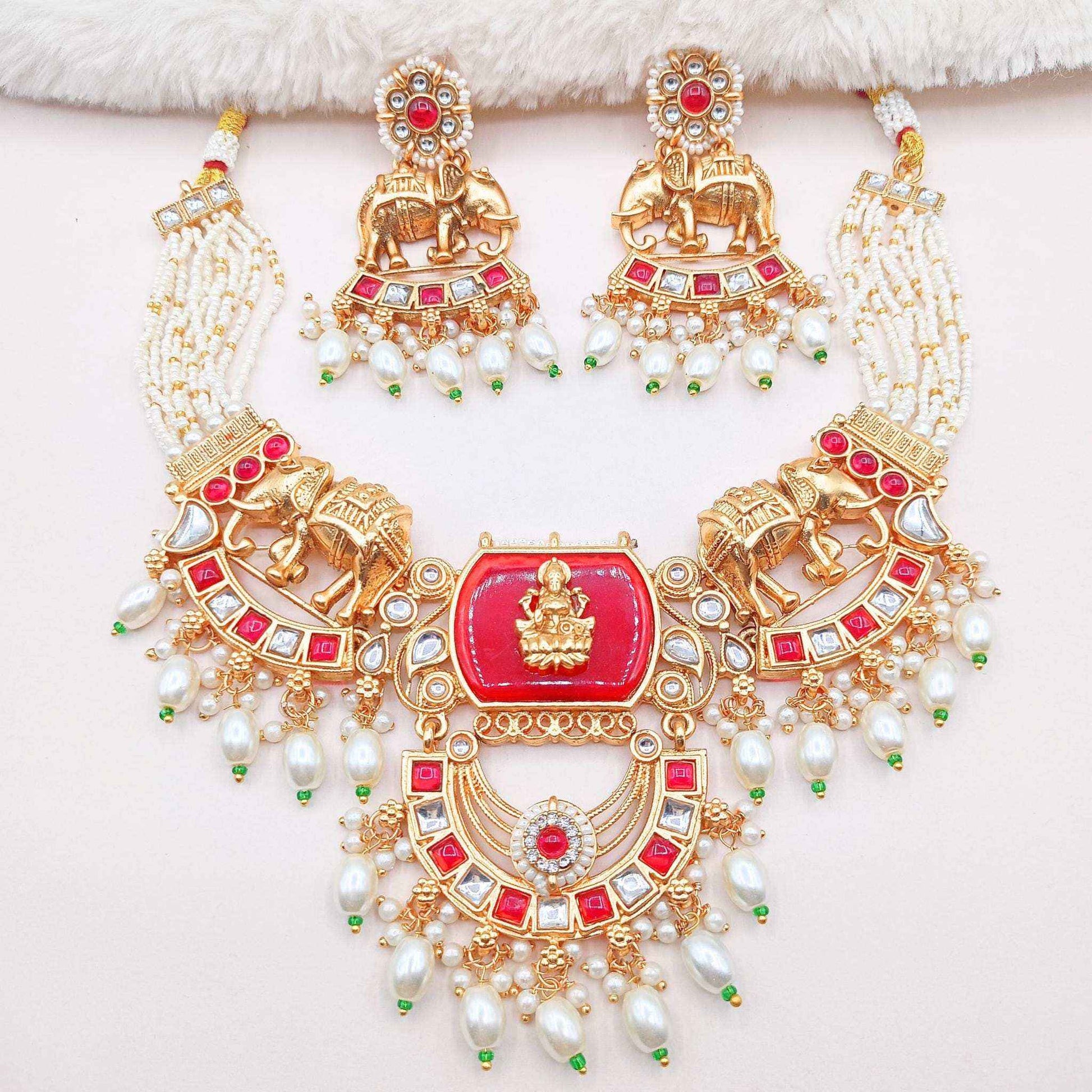 Kundan Necklace Set | Bihari Bridal Necklace with Elephant & Emerald Design