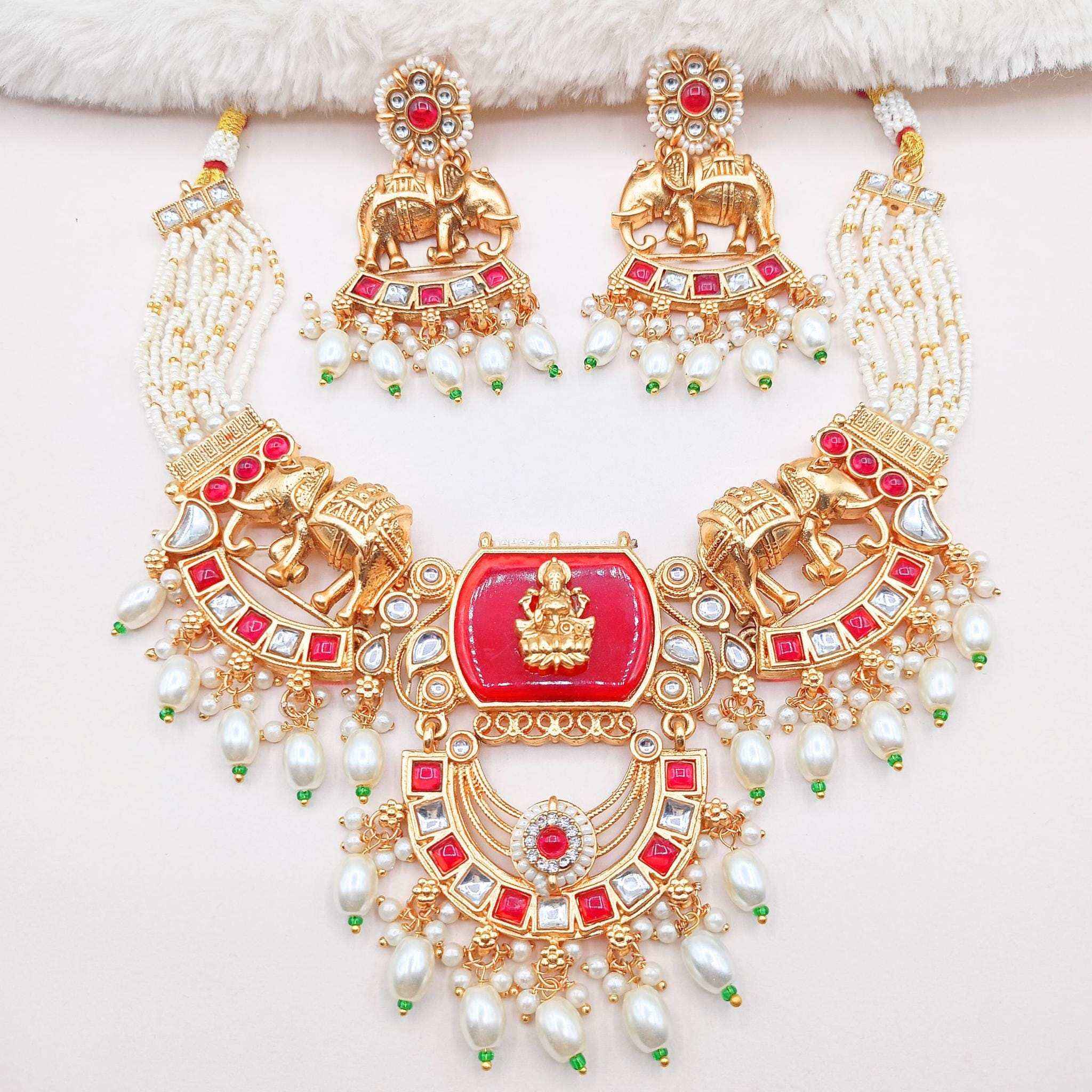 Kundan Necklace Set | Bihari Bridal Necklace with Elephant & Emerald Design