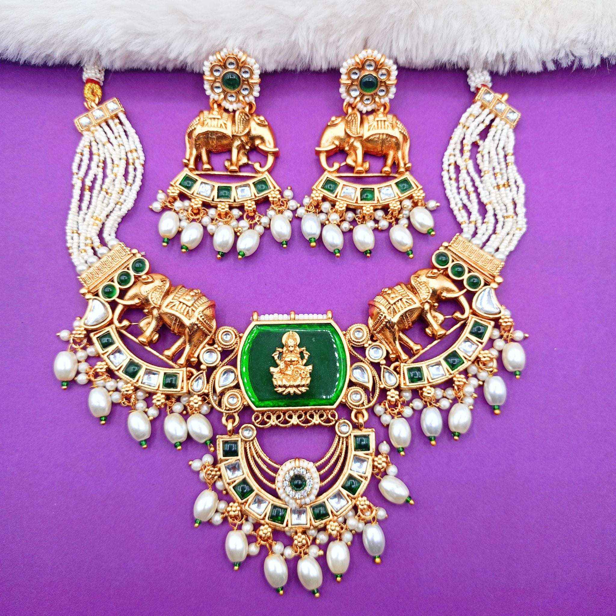 Kundan Necklace Set | Bihari Bridal Necklace with Elephant & Emerald Design