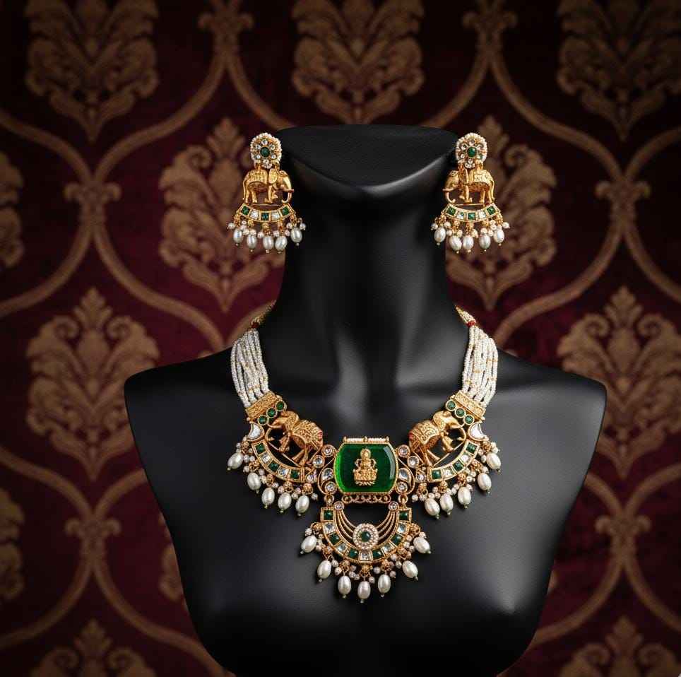 Kundan Necklace Set | Bihari Bridal Necklace with Elephant & Emerald Design