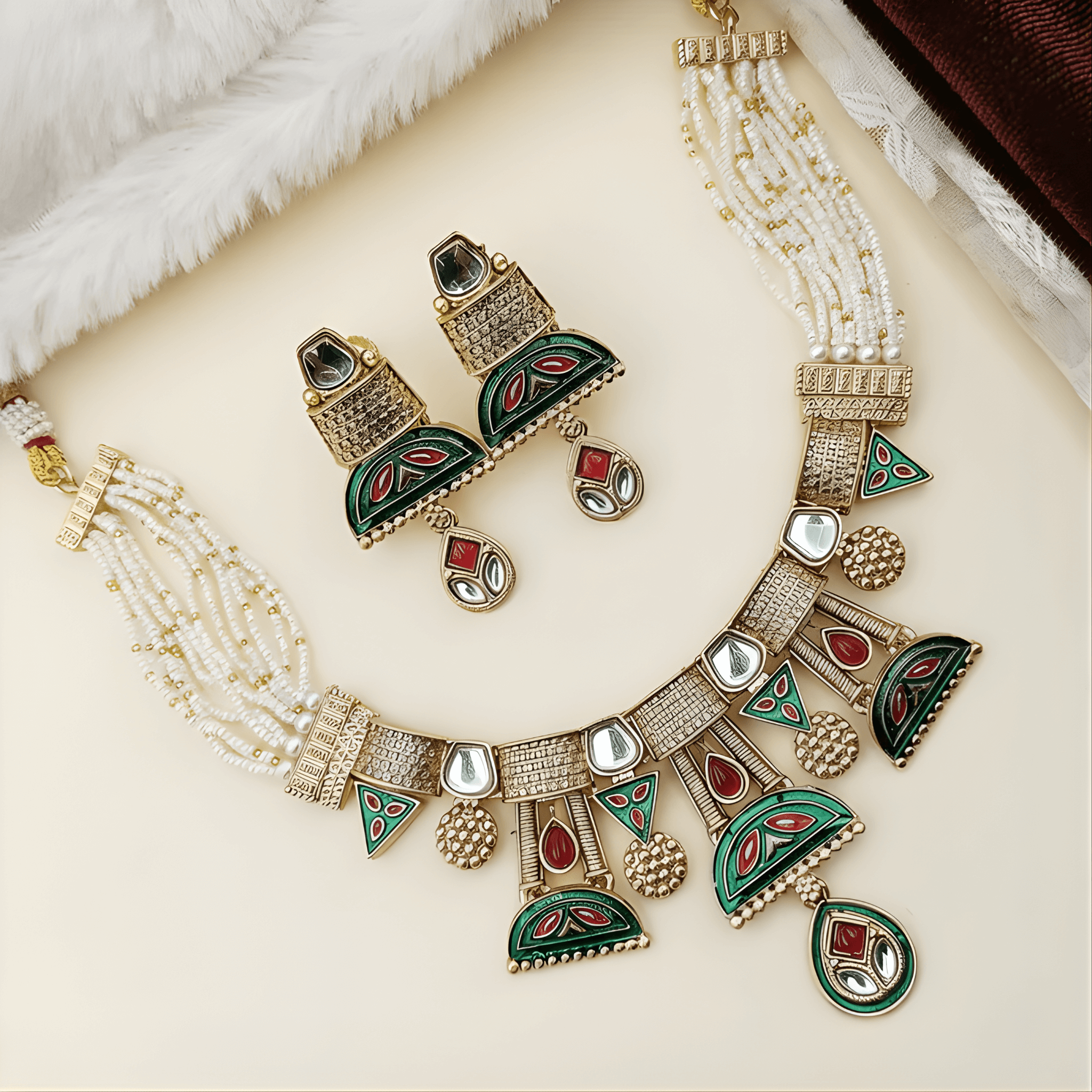 Ornate necklace and earrings set with green and red accents on a soft surface
